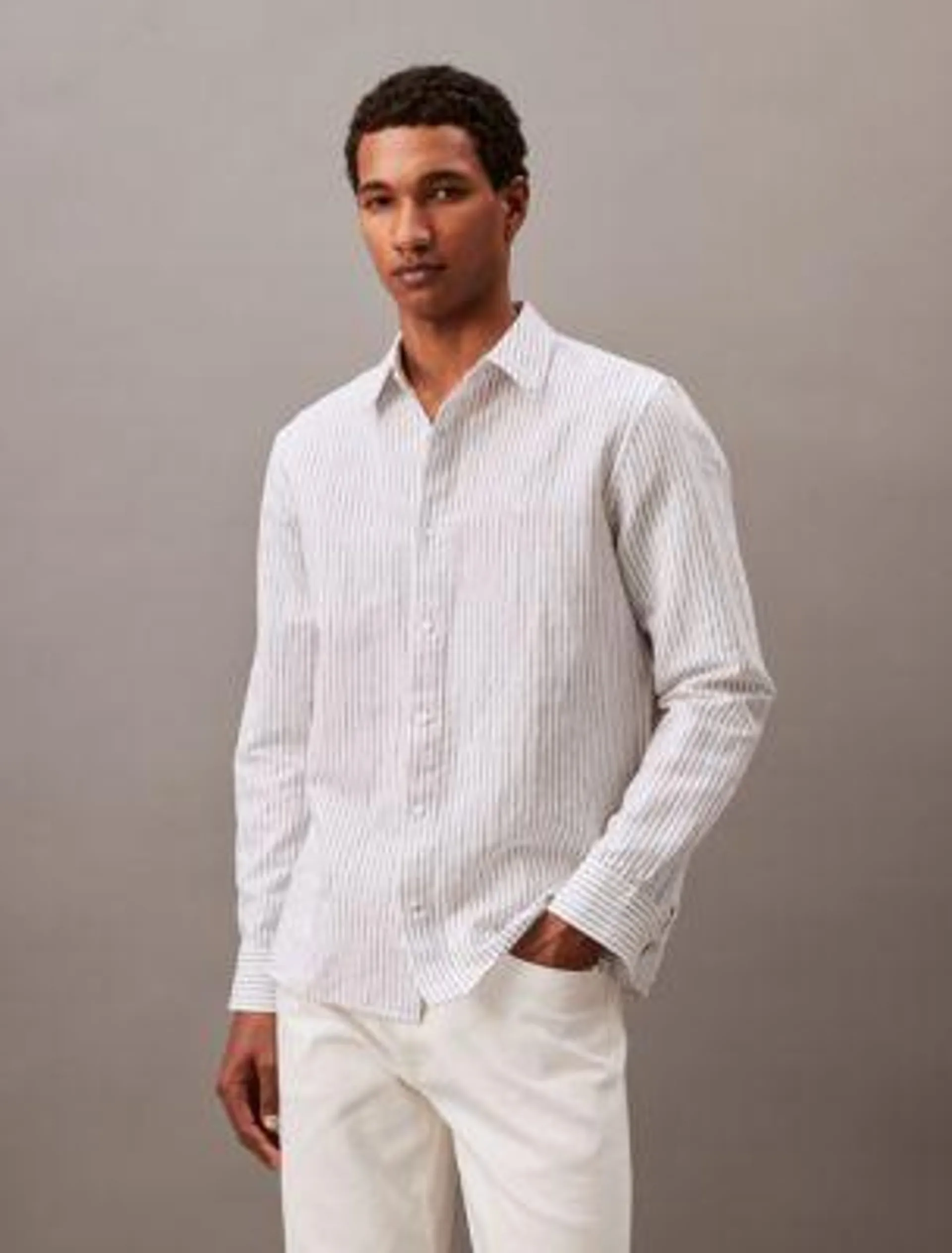 Striped Linen Blend Classic Button-Down Shirt