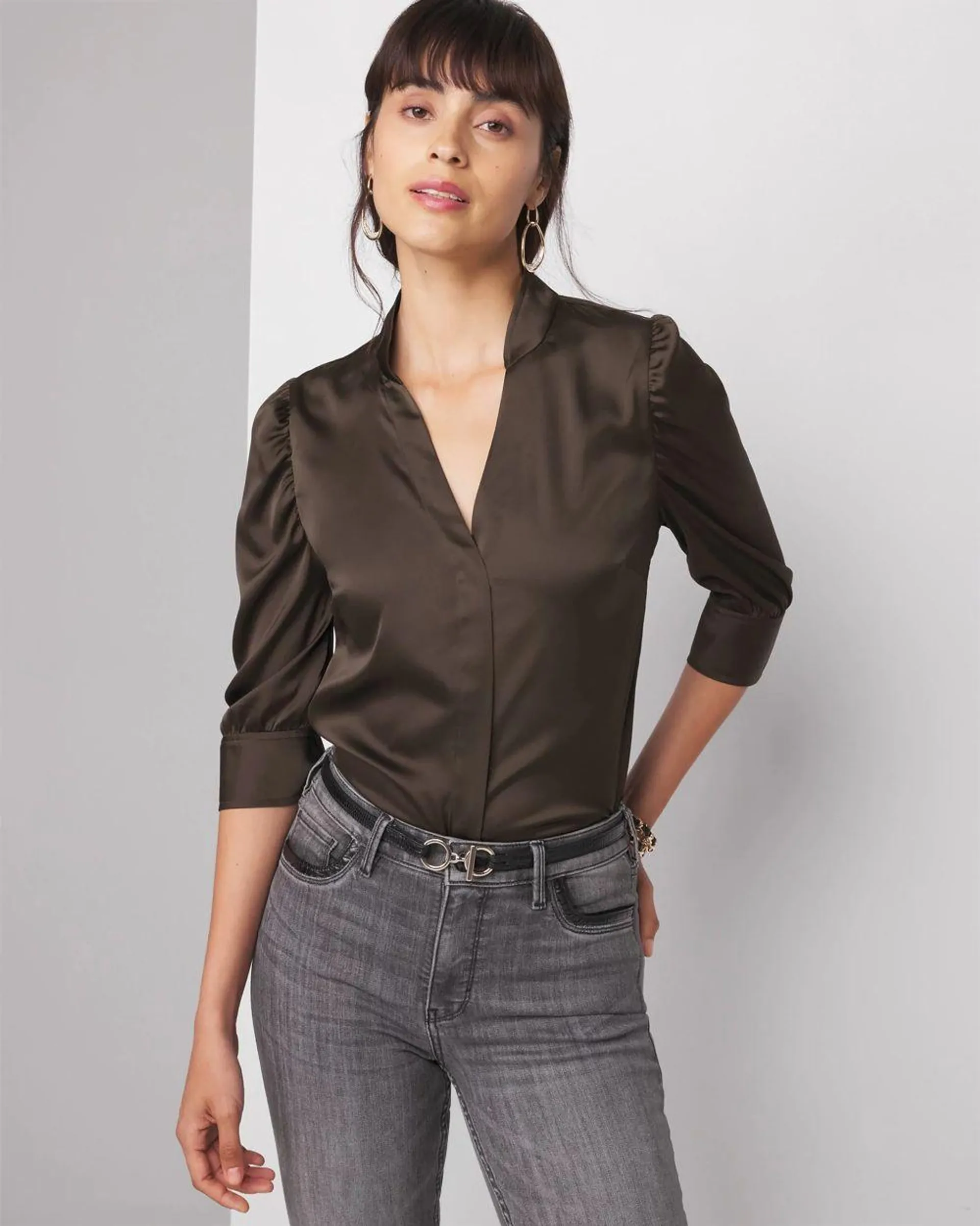 Ruched Sleeve Y-Neck Shirt