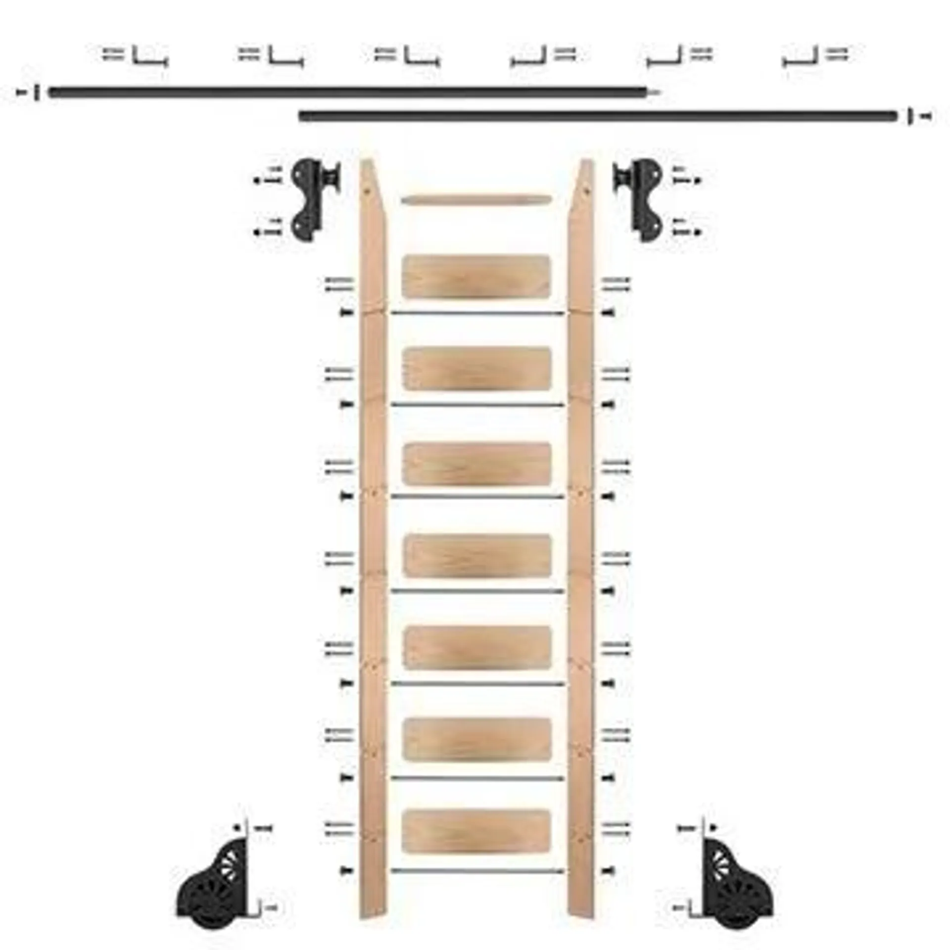 Quiet Glide Oak Library Ladder & 12 Ft Rolling Hook Hardware Kit