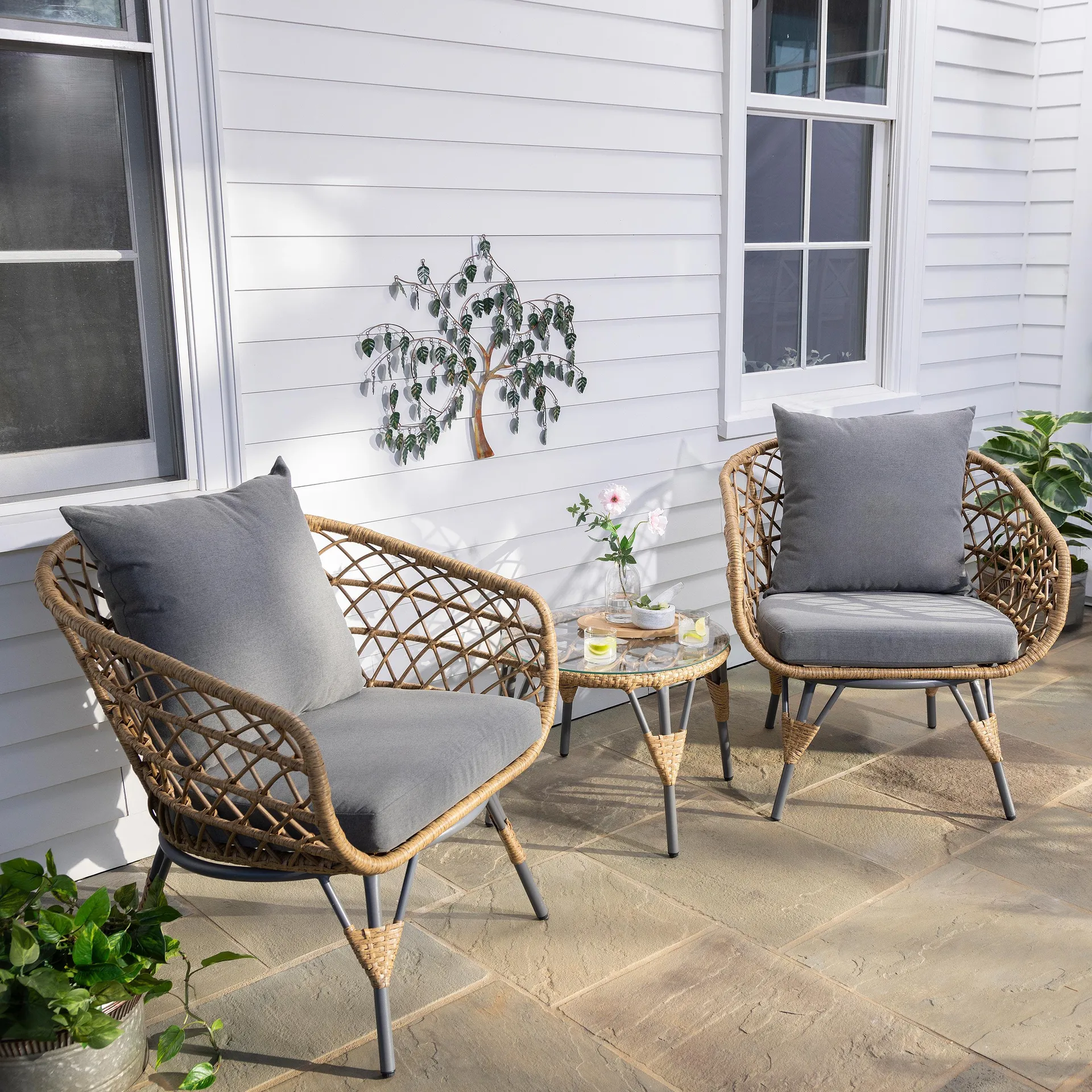 Havana Wicker Seating Set with Cushions and Table, 3-Piece Set - Natural