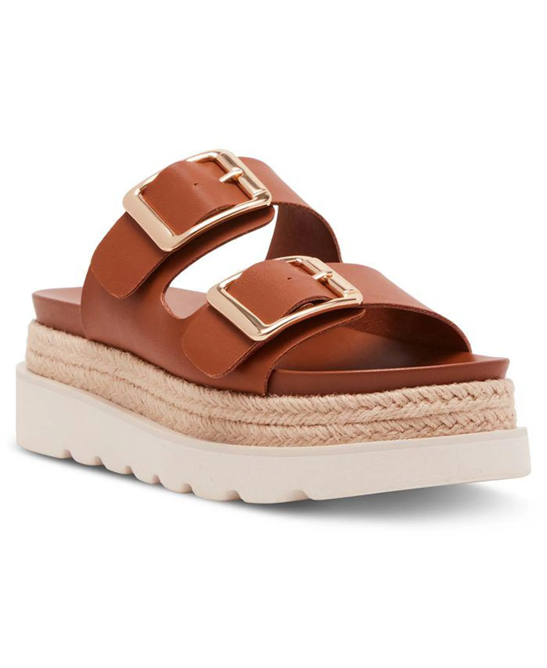 Mythiccal Slip-On Buckled Banded Platform Raffia Sandals