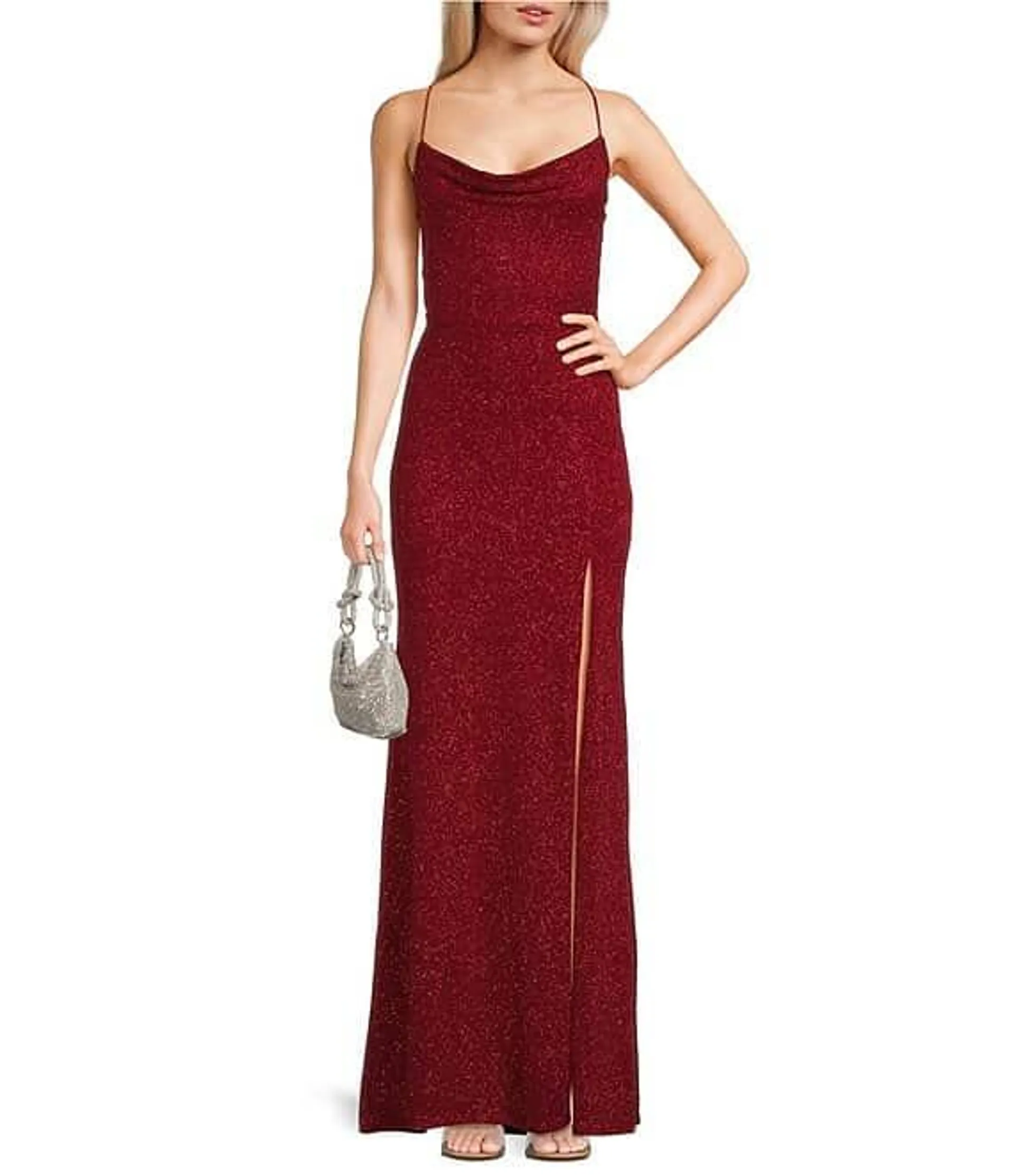 Glitter Cowl Neck Front Slit Long Dress