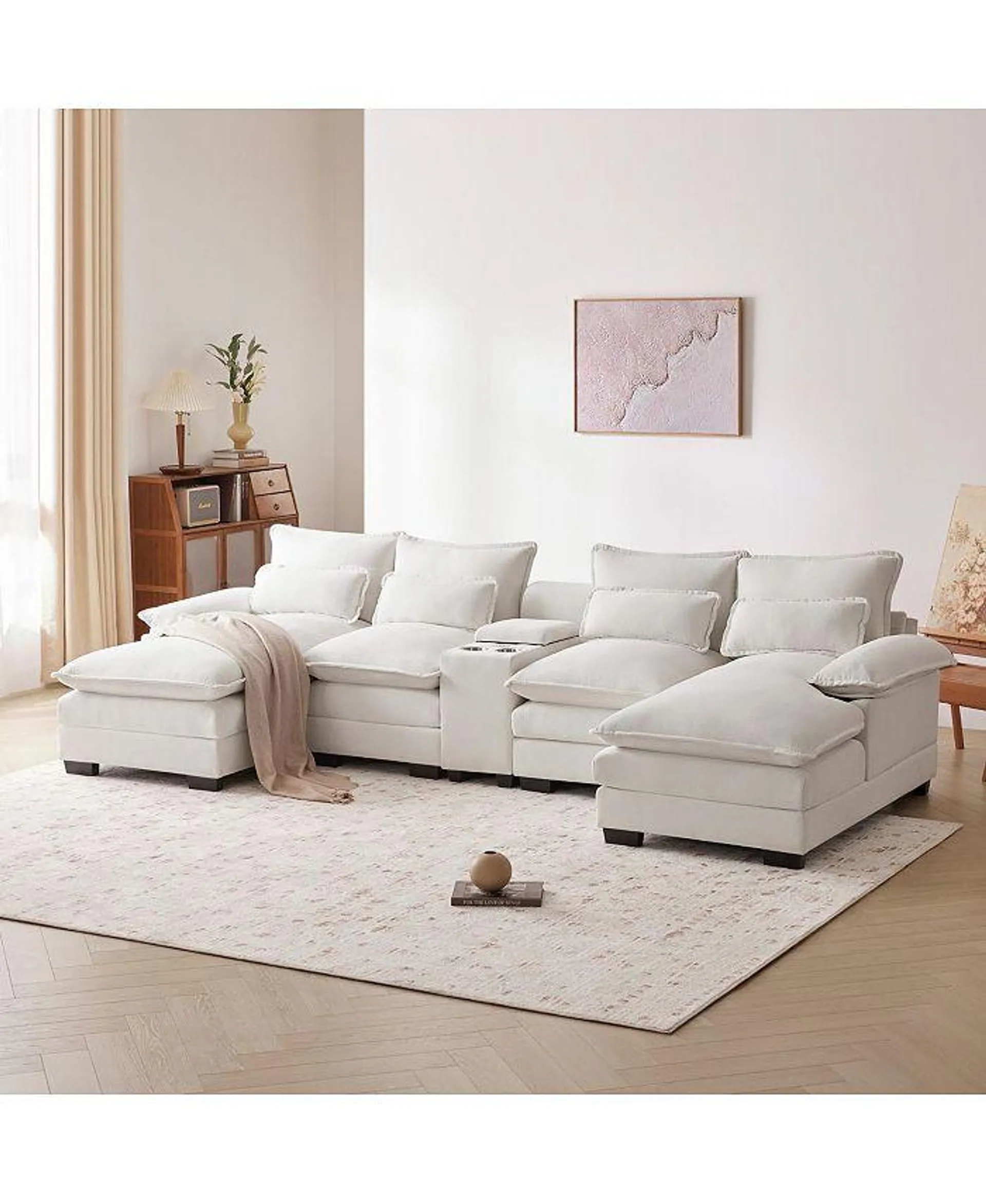 123" 6-Seat U-Shaped Sofa with Console, Cupholders, USB Ports