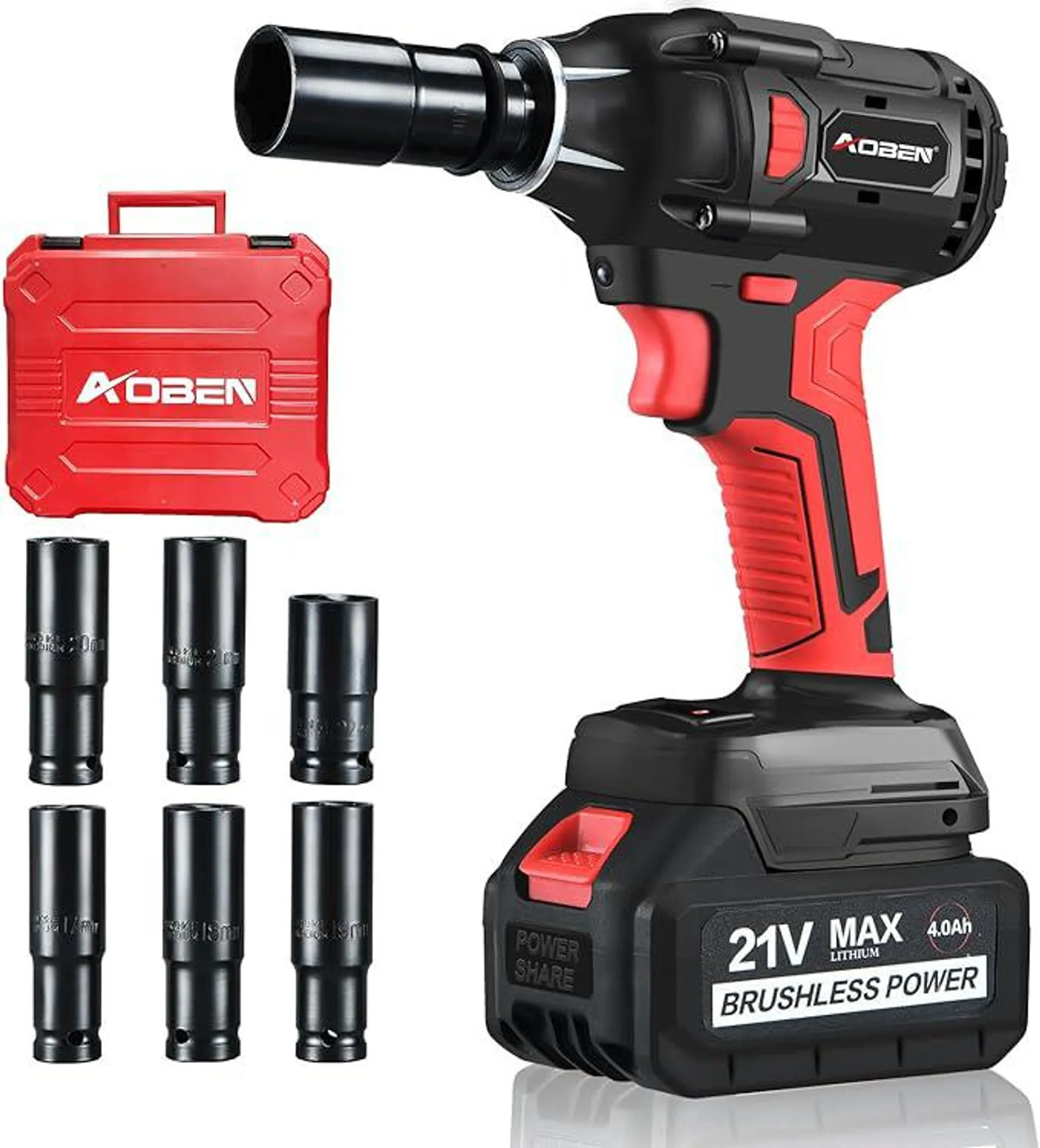 AOBEN 21V Cordless Impact Wrench, 400N.m Max Torque, 3000rpm Speed, 4.0Ah Li-ion Battery, 6Pcs Driver Sockets, Fast Charger, Tool Bag