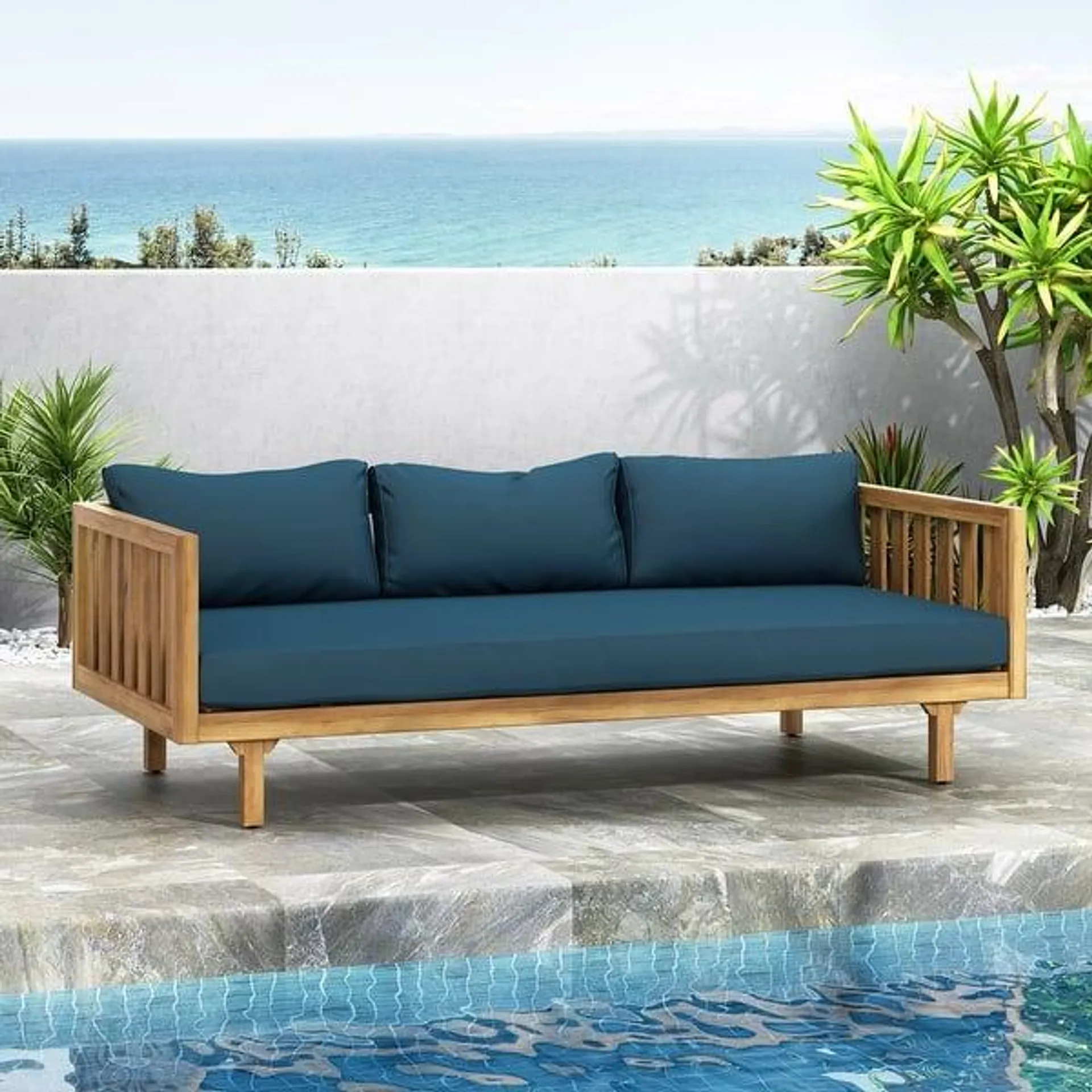 Claremont Outdoor 3-seat Acacia Wood Daybed by Christopher Knight Home - Teak Finish + Dark Teal Cushion