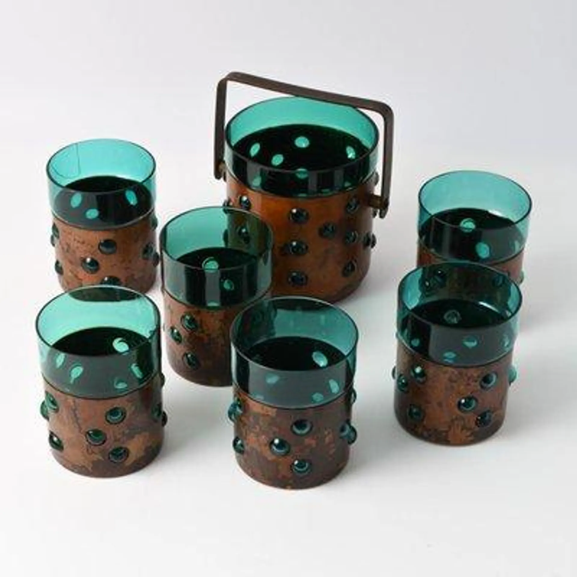 Copper and Glass Ice Bucket with Tumblers attributed to Nanny Still for Raak, 1970s, Set of 6