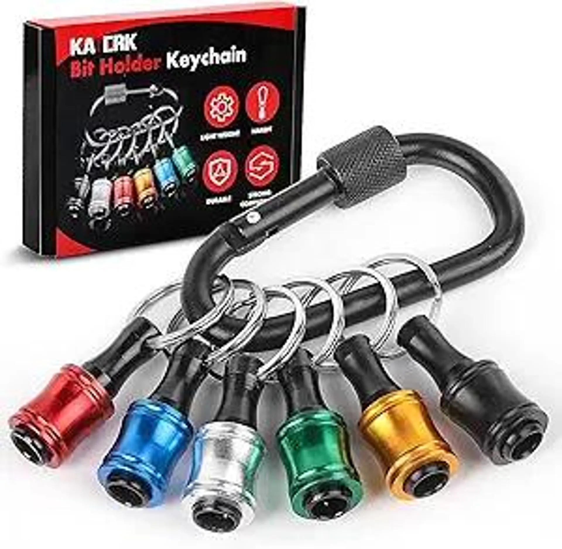 Push to Unlock,Katerk 6pcs 1/4 inch Hex Shank Aluminum Alloy Screwdriver Bit Holder Light-Weight Quick-Change Extension Bar Keychain Drill Screw Adapter Portable,Black Carabiner,Tool Gifts for Men