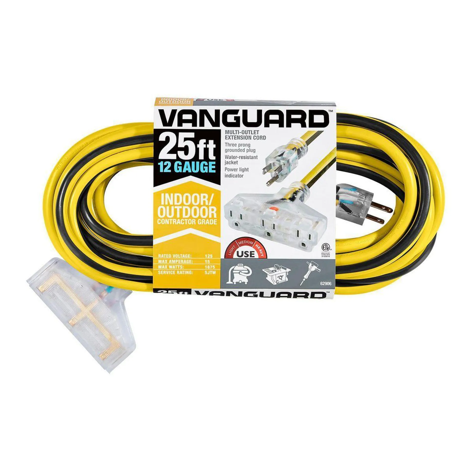 25 ft. x 12/3 Gauge Multiple Outlet Extension Cord with Indicator Light, Yellow/Black