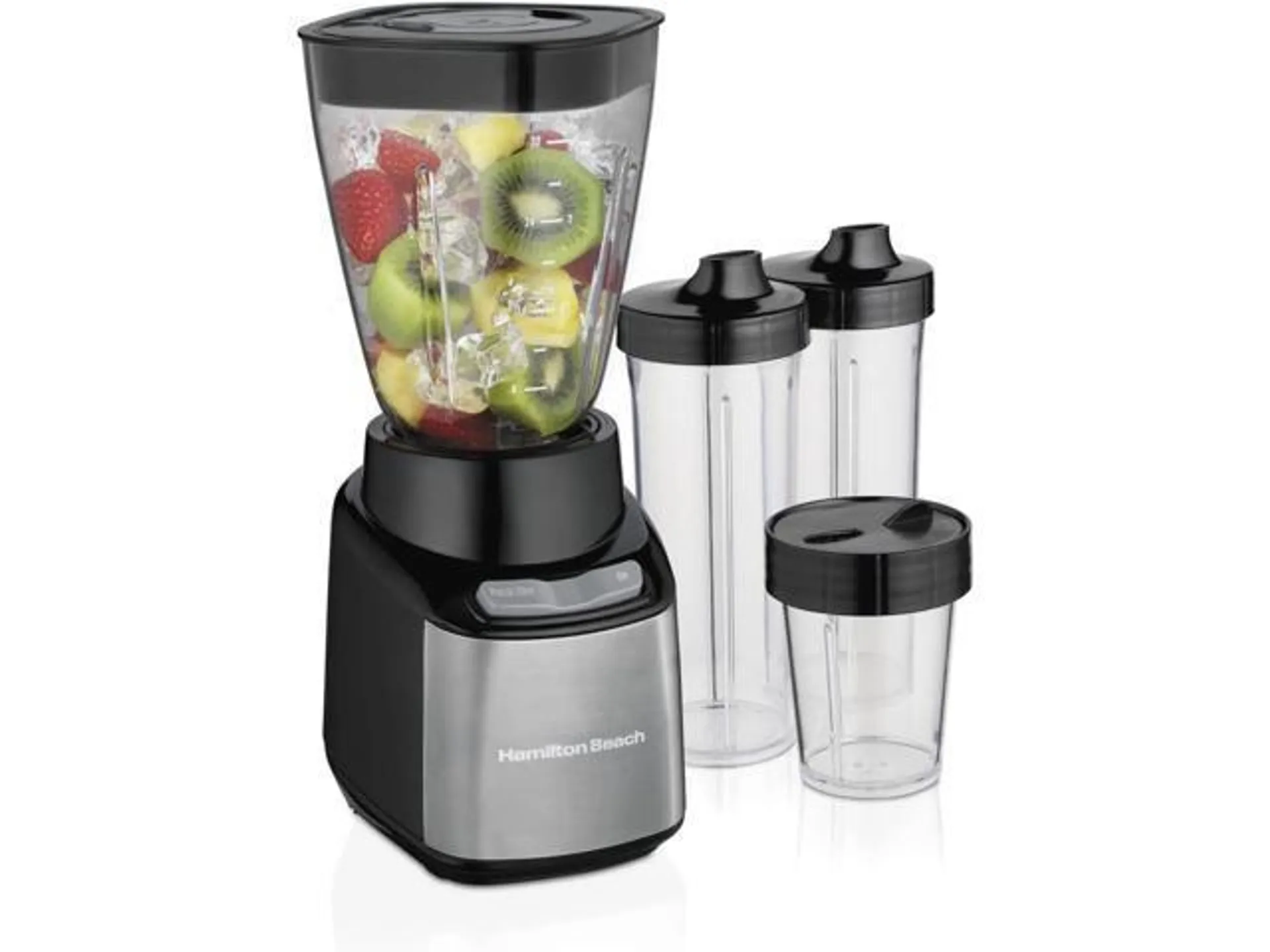 Hamilton Beach Stay or Go Blender for Shakes and Smoothies with 32oz Shatterproof Jar, 8oz Grinder for Nuts & Spices, 2 Portable Travel Cups with Lids, 650 Watts, BPA Free, Black and Silver (52400)