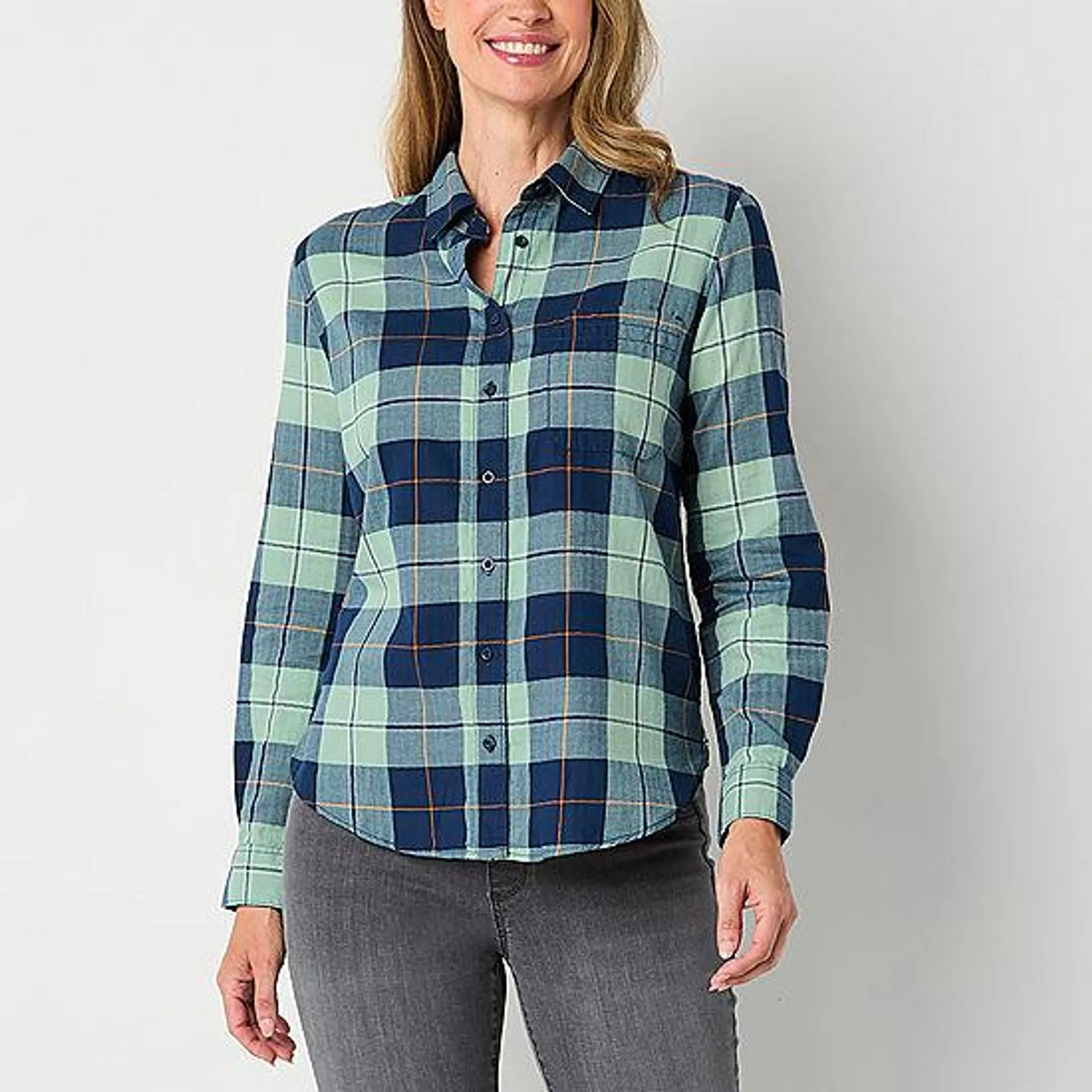 St. John's Bay Womens Long Sleeve Regular Fit Button-Down Shirt