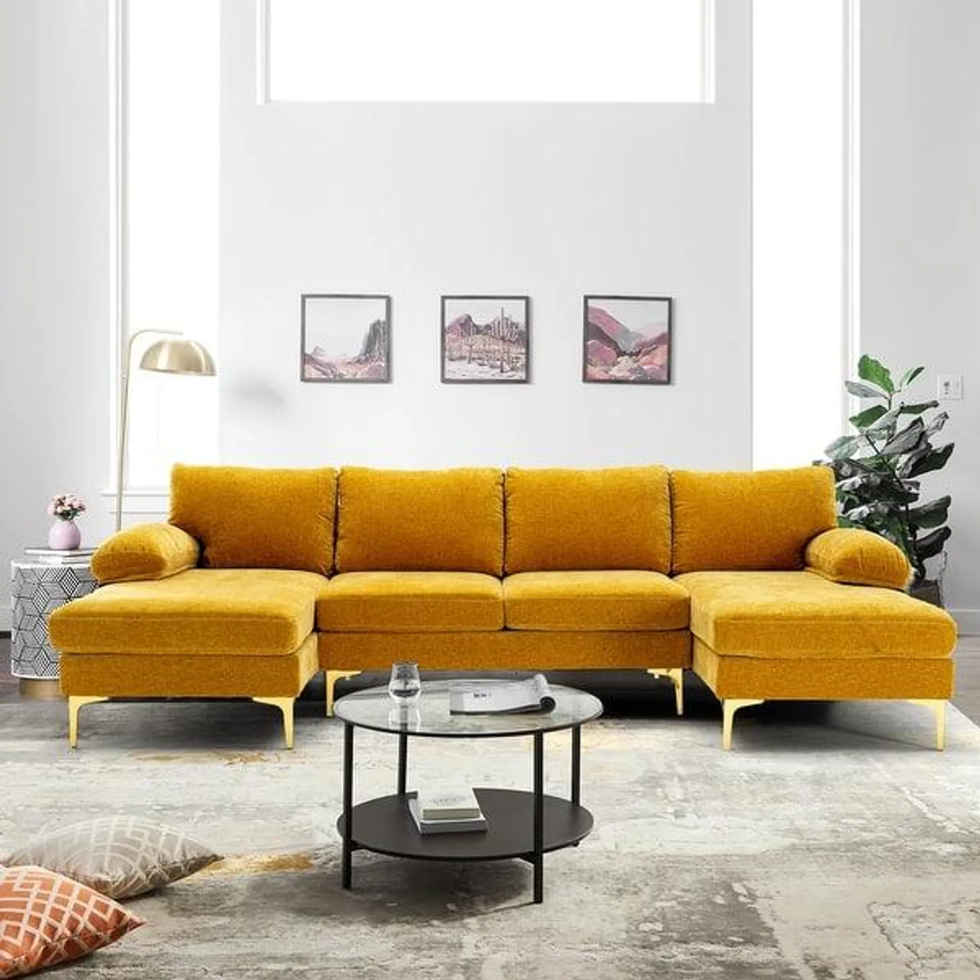 Polyester Upholstered U-shaped Stationary Sectional Sofa With Metal Legs