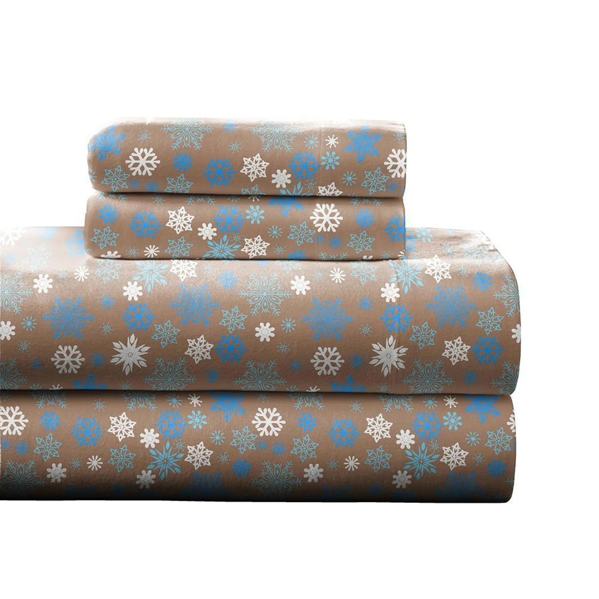 Pointehaven Heavy Weight Flannel Cotton Sheet Set,1 PIECE Queen, Snow Flakes/Tan