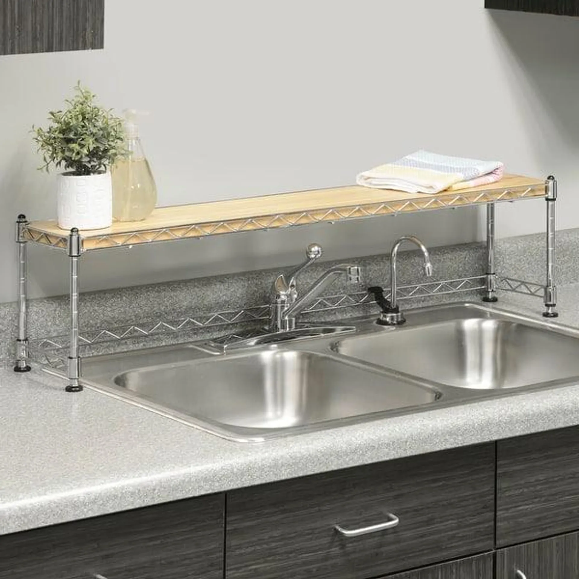 Whitmor Supreme Sink Shelf - Multiuse Organizer - Wood and Chrome