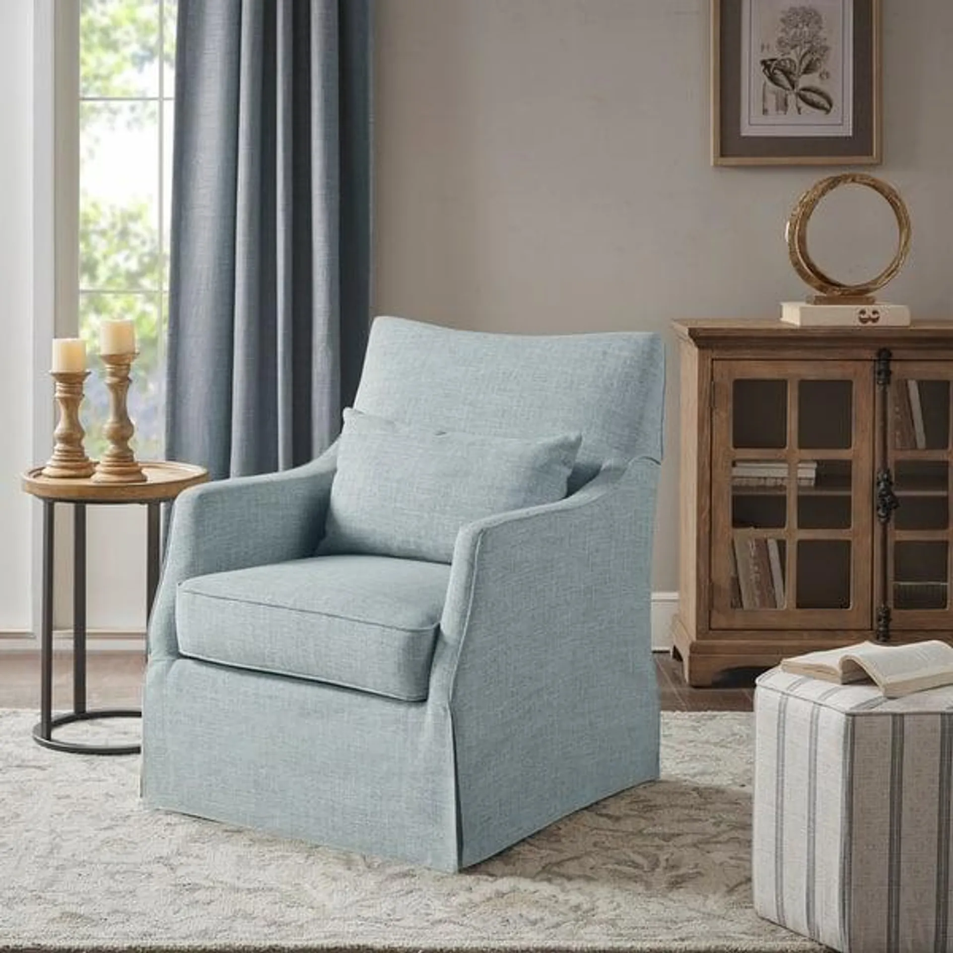 Martha Stewart London Upholstered Skirted Swivel Armchair with Lumbar Pillow