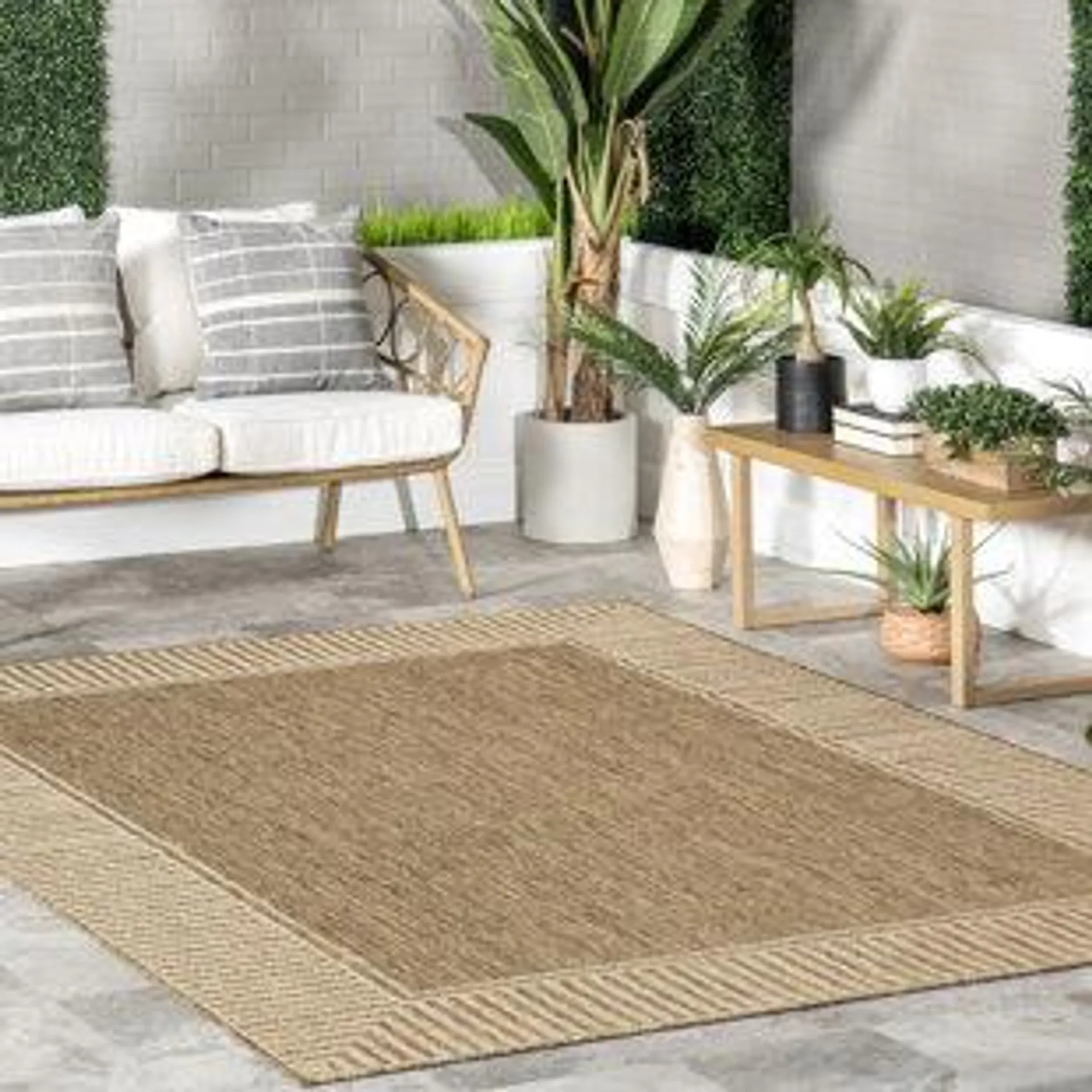 Alegre Bordered Power Loomed Tan Indoor/Outdoor Rug