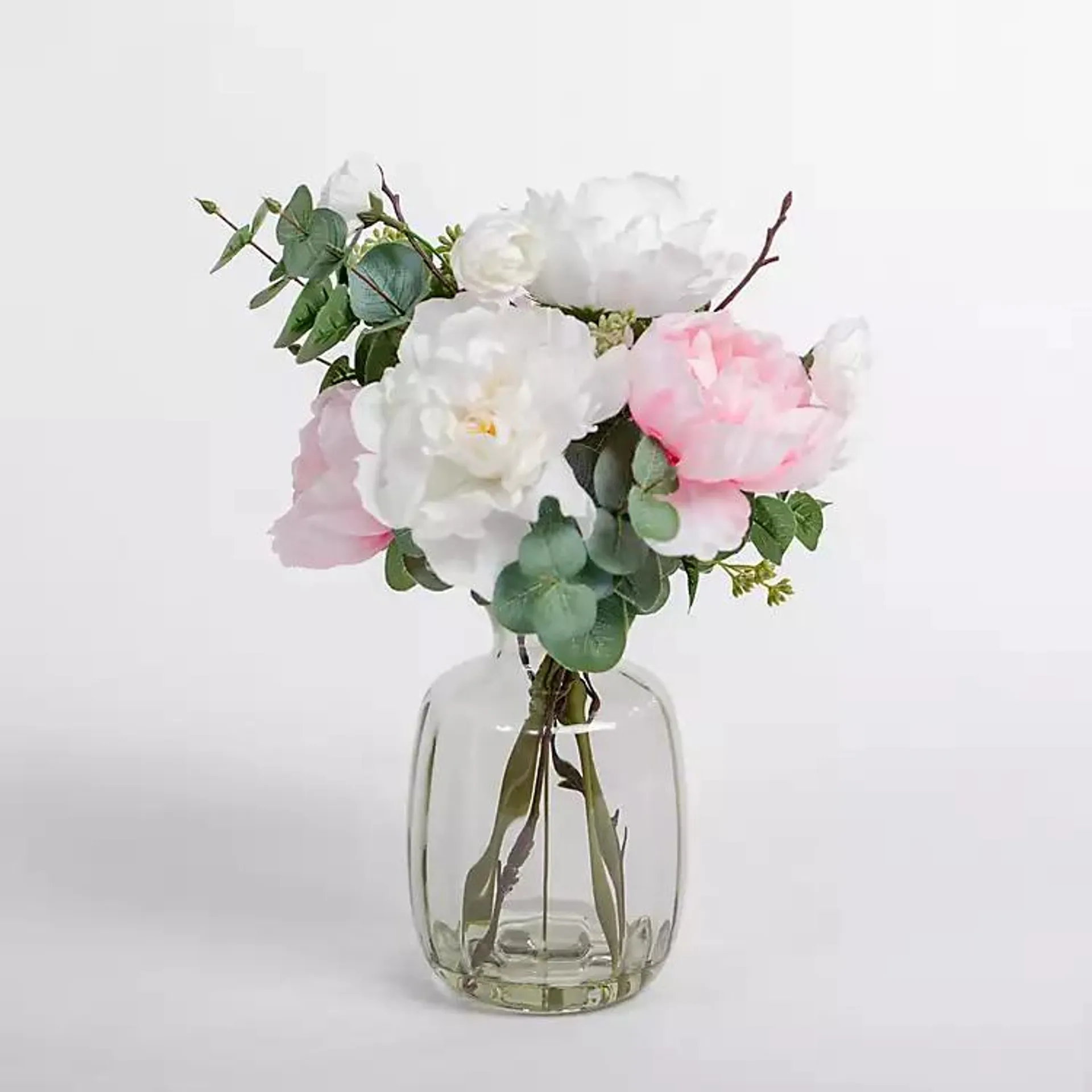 Peony & Eucalyptus Arrangement in Glass Vase