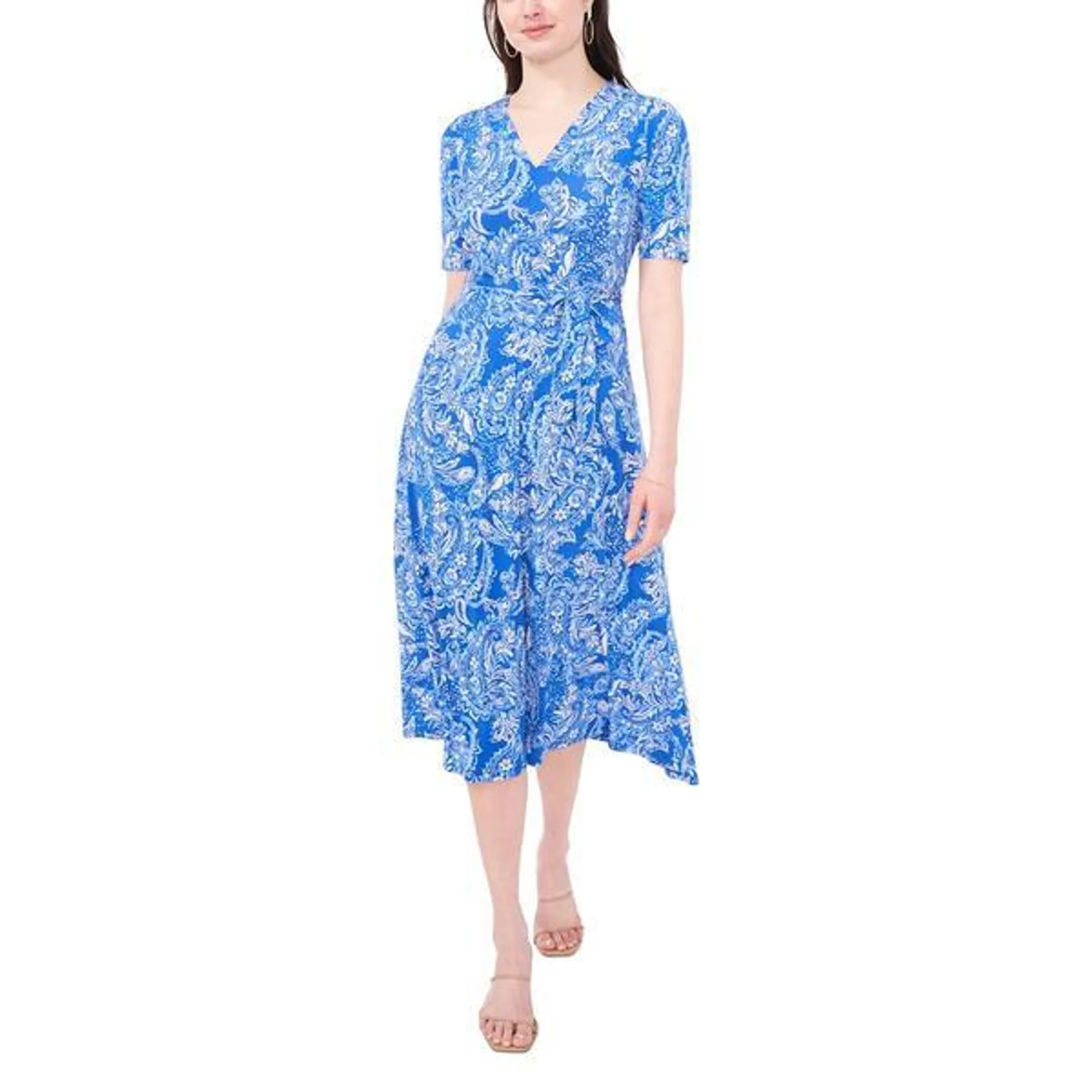 Womens MSK Short Sleeve V-Neck Paisley Midi Fit & Flare Dress