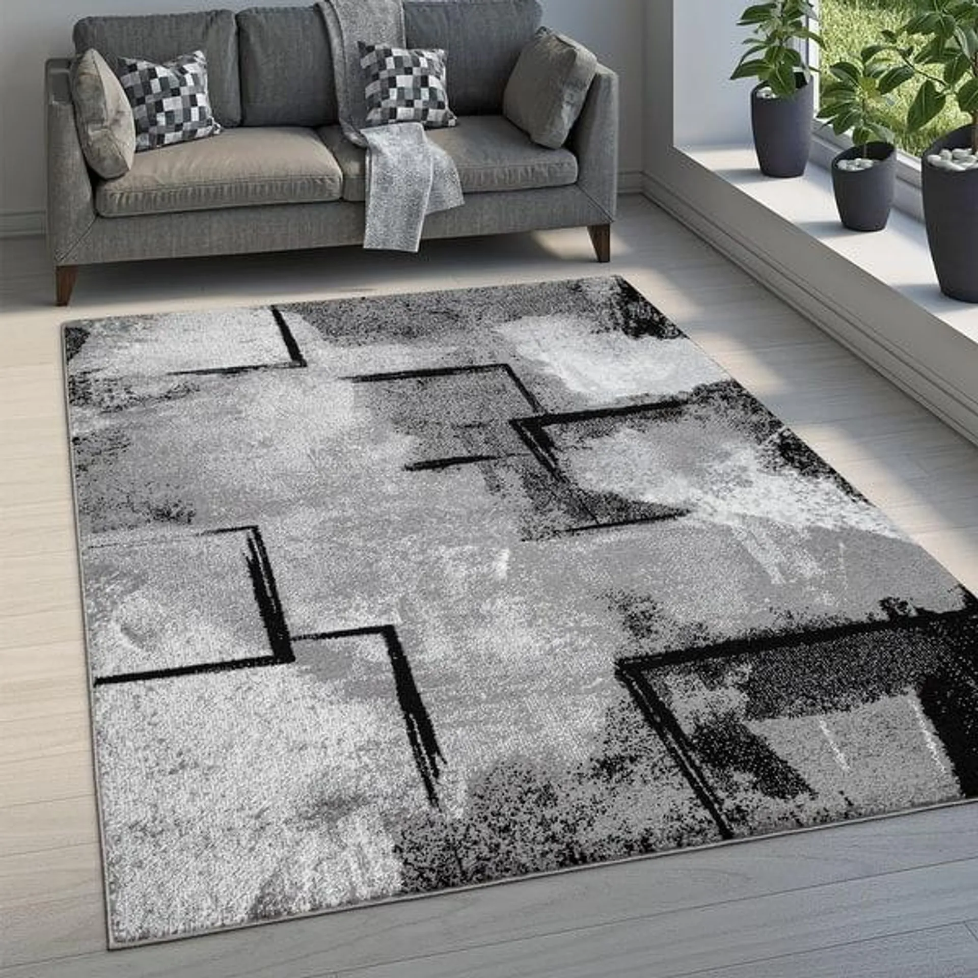 Grey White Area Rug Modern Design with Abstract Paint Effect