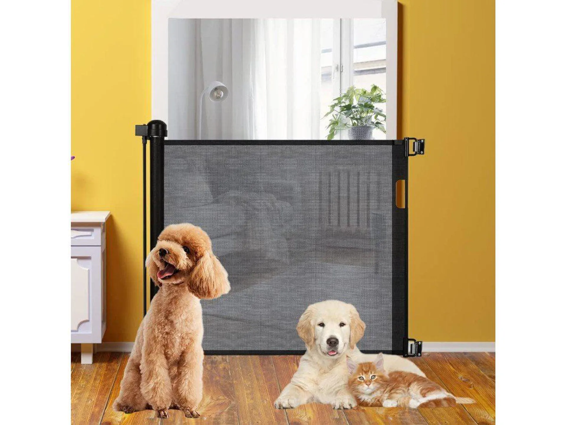 MPM Retractable Pet Gate 33-Inches Tall, Extends up to 55 Inches Extra Wide Pet Friendly Indoor Outdoor Mesh Gates Dog Cate for Doorways, Hallways, Stairs, Bedroom, Living Room, Indoor, Outdoor