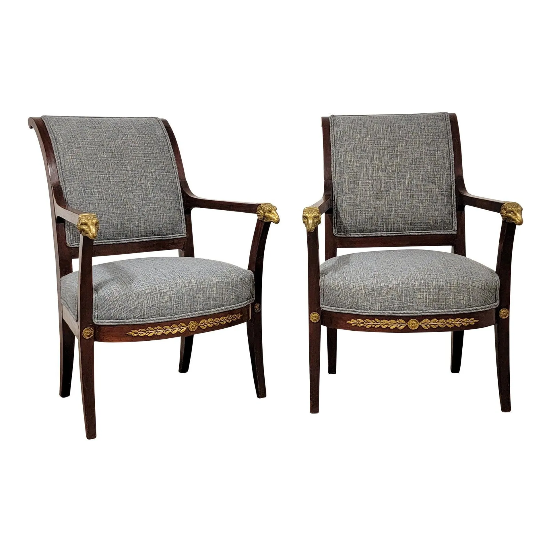 19th-C. Italian Neo-Classical Style Bergere Chairs With Cast Bronze Rams, Pair