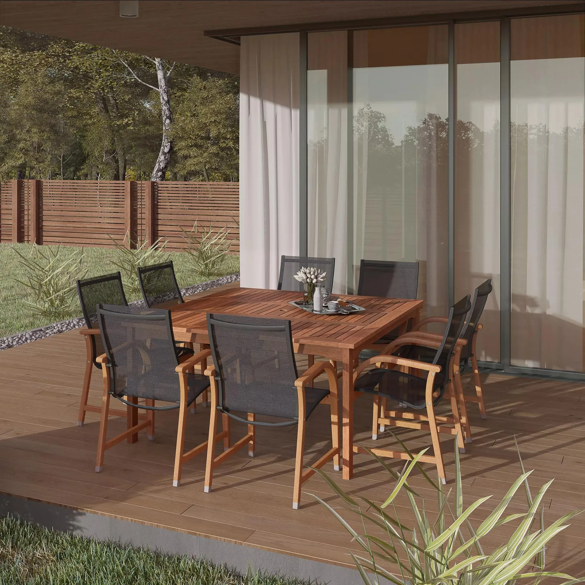 Amazonia Indiana 9-Pc. Square Eucalyptus Outdoor Dining Set - Brown/Black