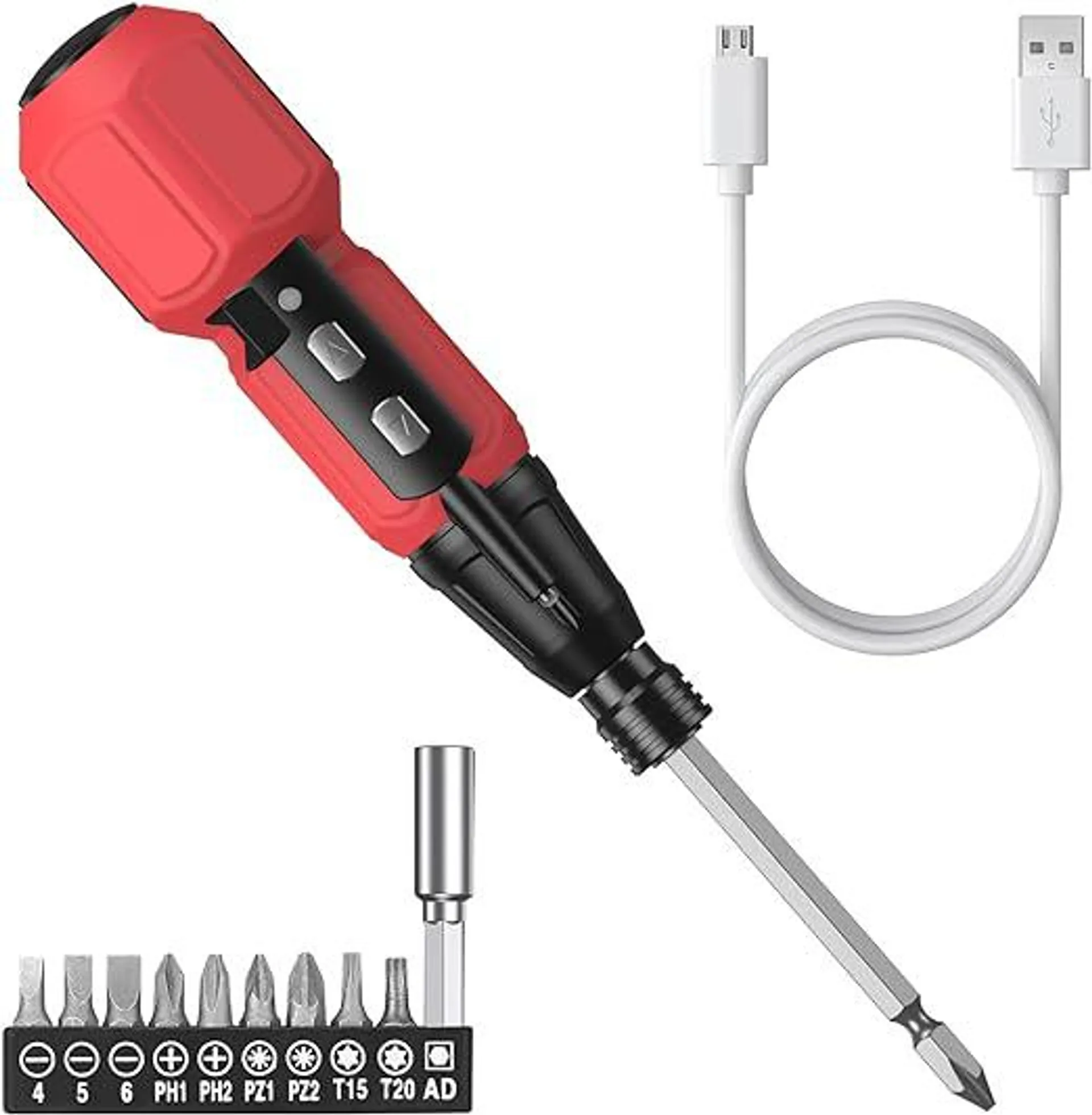 AMIR Cordless Screwdriver, Rechargeable Electric Screwdriver Sets, Portable Automatic Home Repair Tool Kit with USB Cable and LED Lights, Red