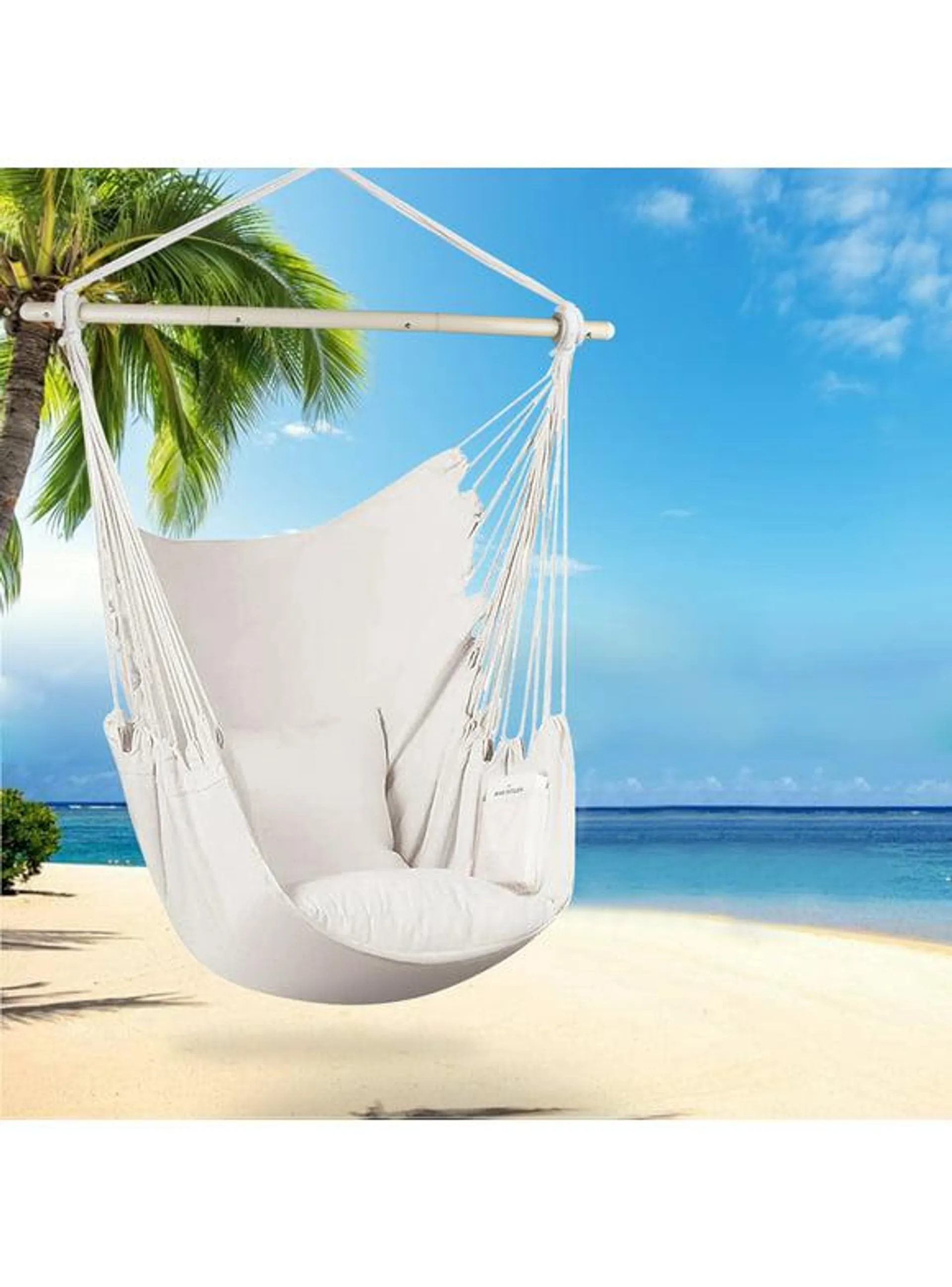 Large Hammock Chair Swing, Relax Hanging Rope Swing Chair with Detachable Metal Support Bar & Two Seat Cushions, Cotton Hammock Chair Swing Seat for Yard Bedroom Patio Porch Indoor Outdoor