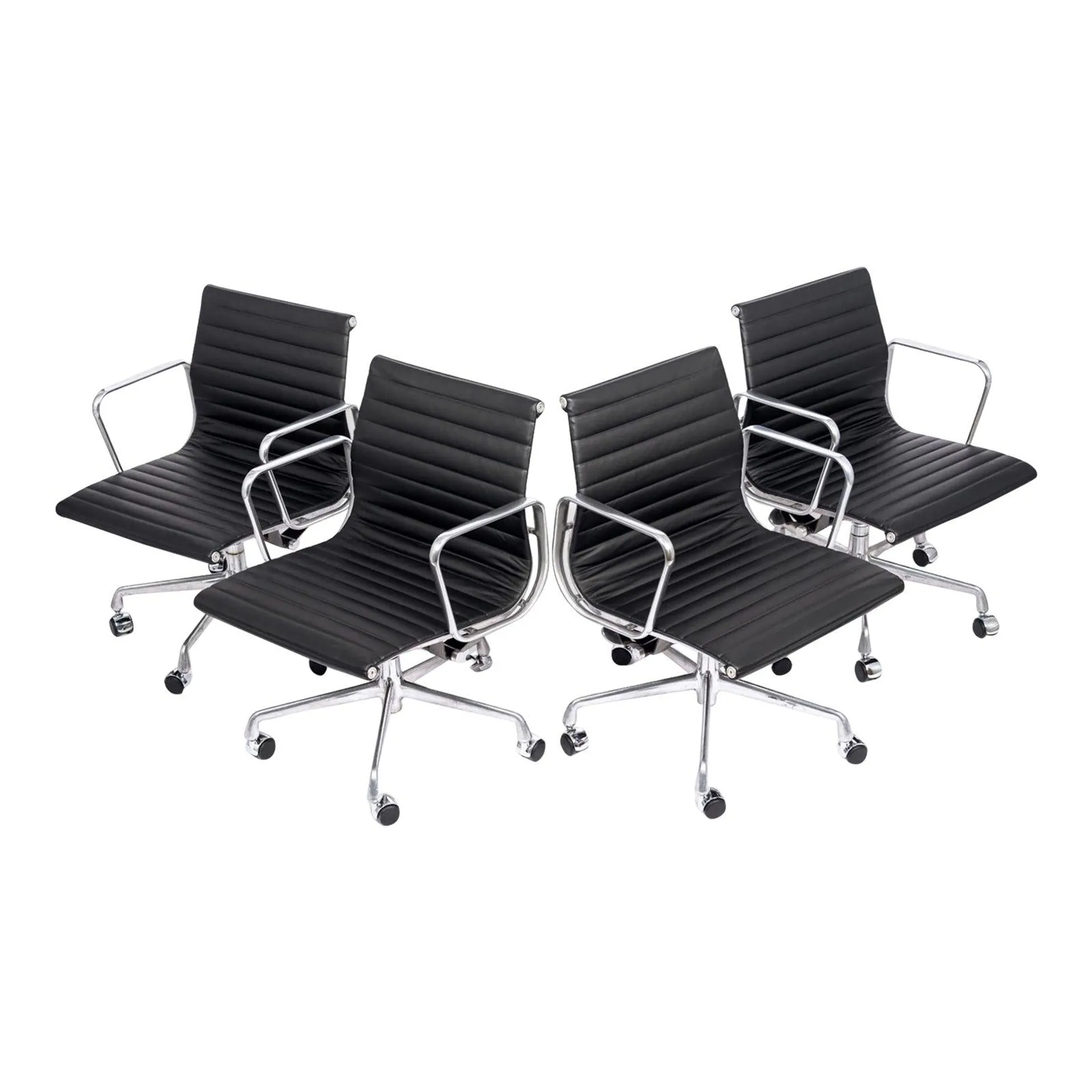 Eames for Herman Miller Black Leather Desk Chairs Thin Pad - Set of 4