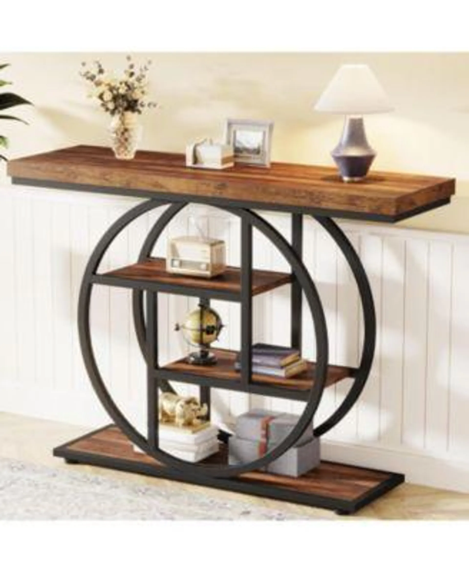 41.3" Console Table, Industrial 4-Tier Sofa Table Entryway Table with Circle Base, Narrow Wood Accent Tables with Storage Shelves for Living Room(Rustic Brown)