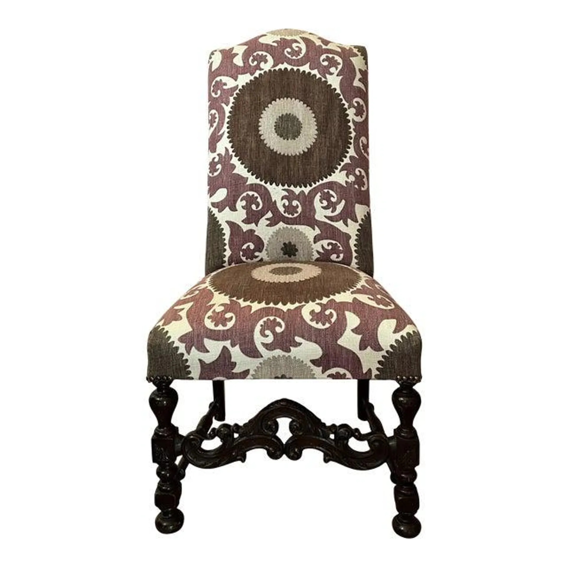 1940s Vintage Santa Barbara Style Side Chair in Lavender, Taupe and Brown with Carved Walnut Frame