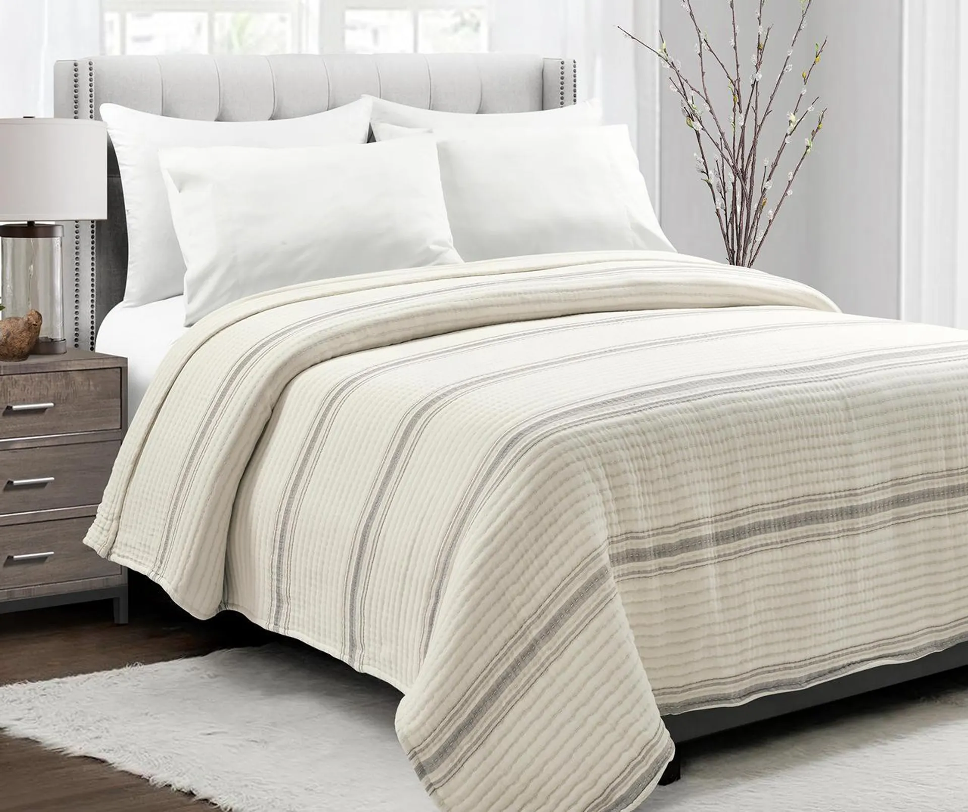 Farmhouse Cream & Gray Stripe Full/Queen Quilted Coverlet