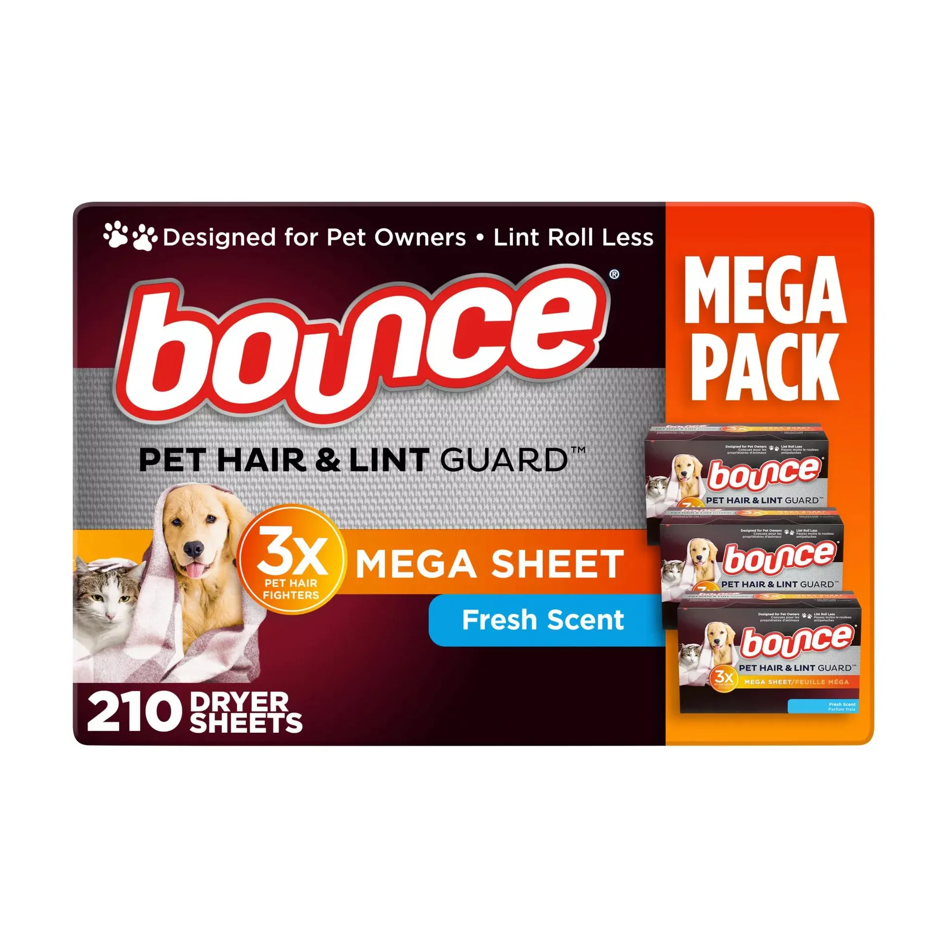 Bounce Pet Hair and Lint Guard Mega Dryer Sheets, 210 ct. - Fresh Scent