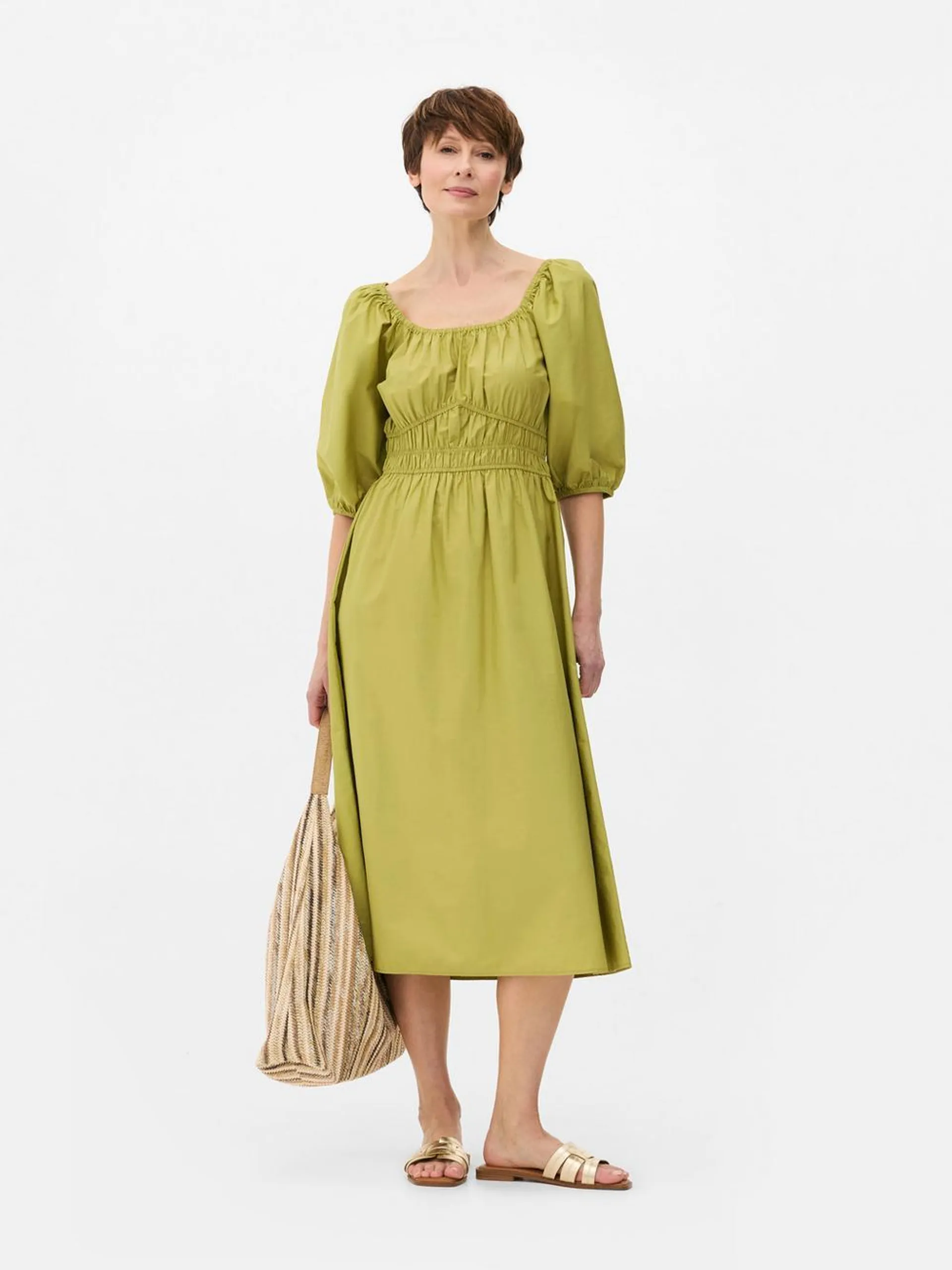 Poplin Shirred Midi Dress