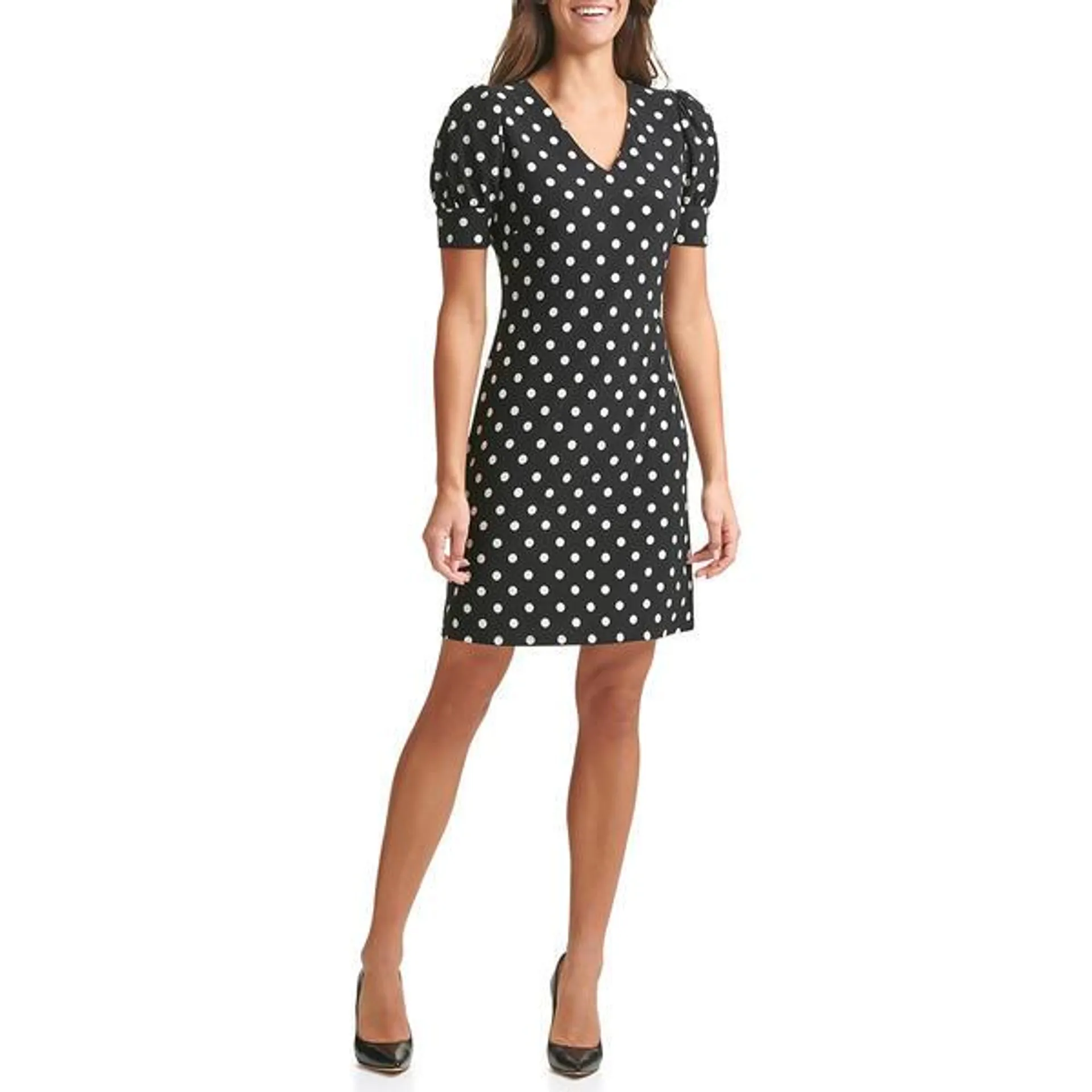 Womens Tommy Hilfiger Puff Sleeve V-Neck Dot Shift Dress