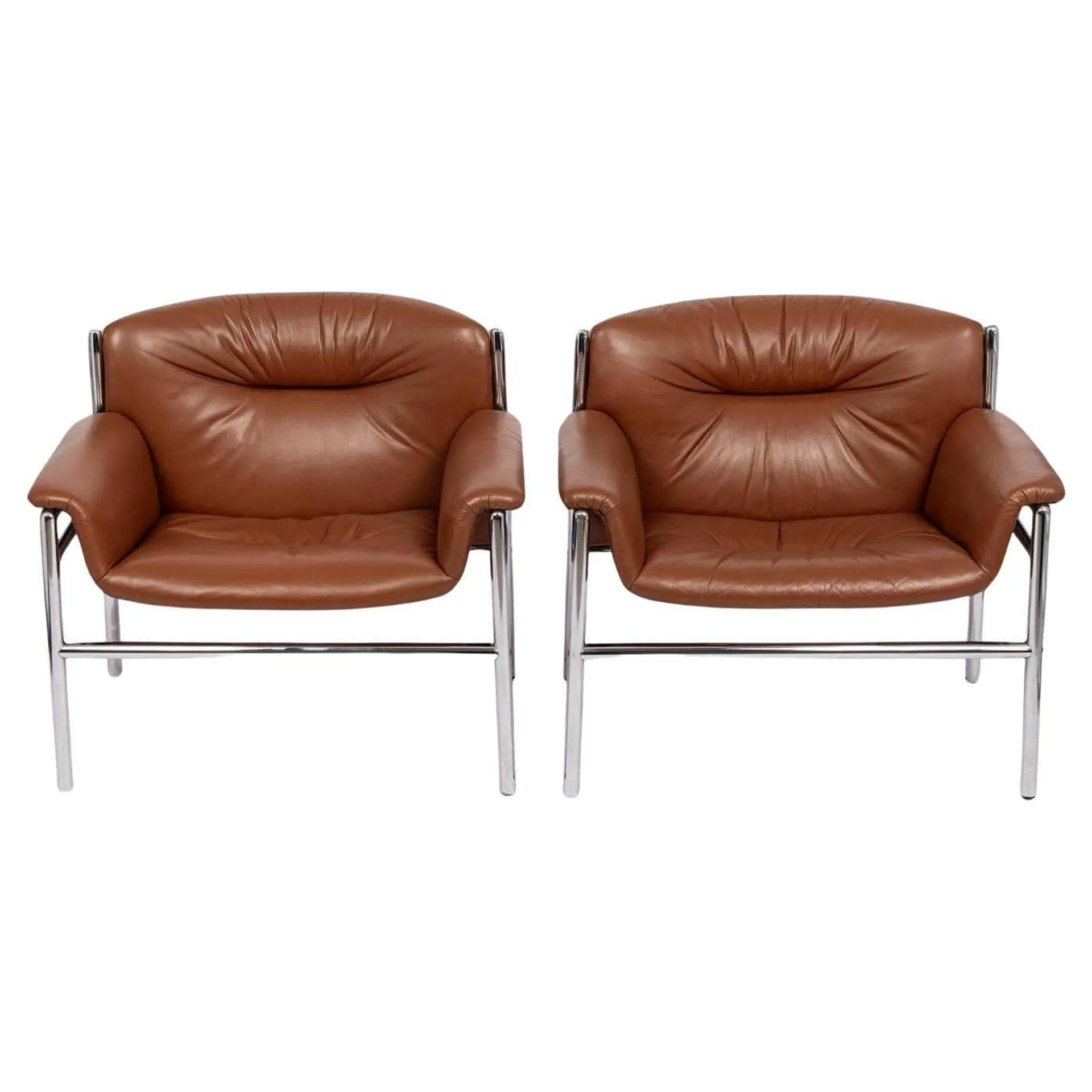 Mid Century Caramel Brown Leather Lounge Chairs by Stendig 1960s