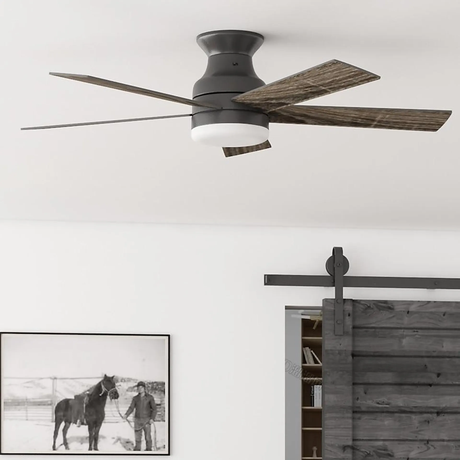 Harbor Breeze Crestwell 52-in Matte Black with Mocha/Cocoa Blades Color-changing Indoor Flush Mount Ceiling Fan with Light and Remote (5-Blade)