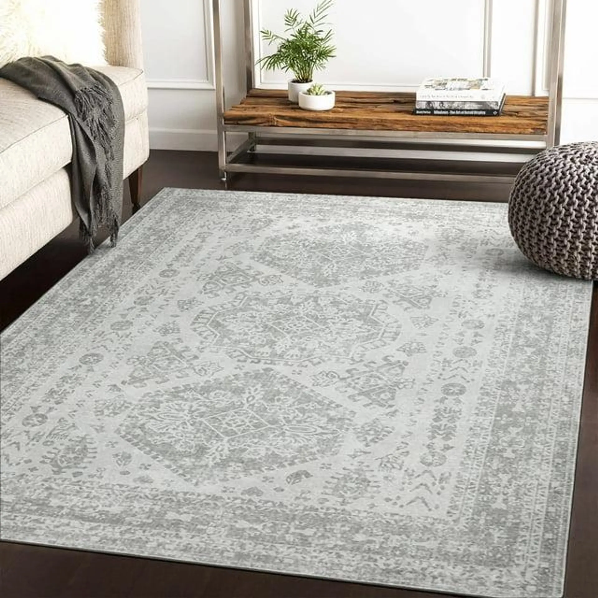 KUETH Area Rugs for Living Room 8x10 Machine Washable Bedroom Rugs Distressed Vintage Print Gray Large Throw Rug Dining Room Aesthetic, Non Slip Carpet with Gripper