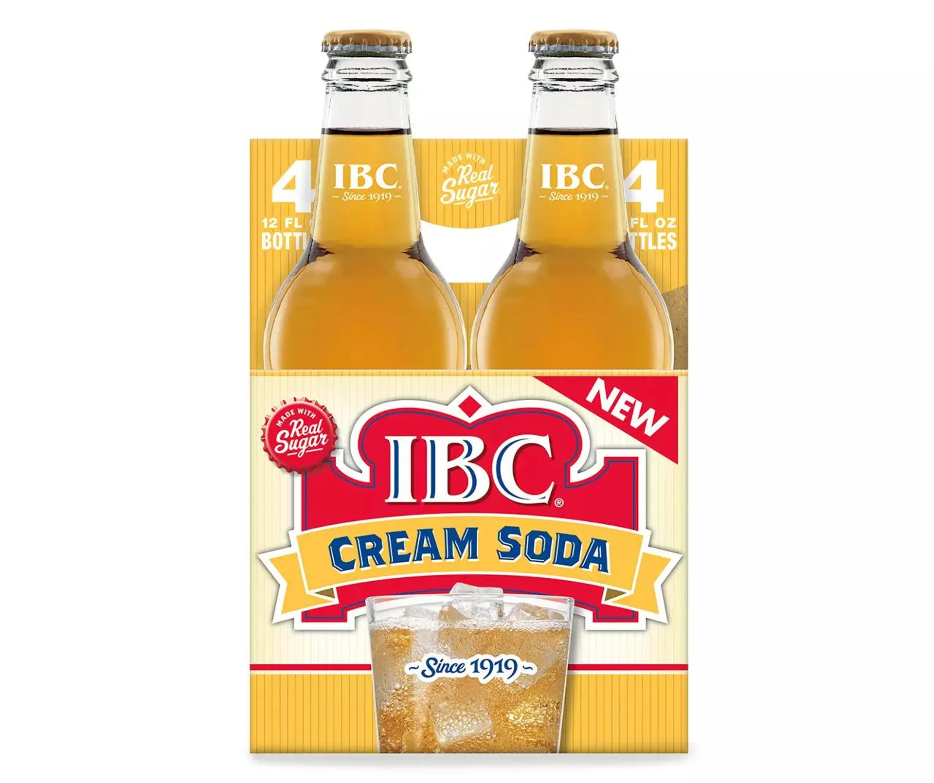 IBC Cream Soda Made with Sugar, 12 Fl Oz Glass Bottles, 4 Pack