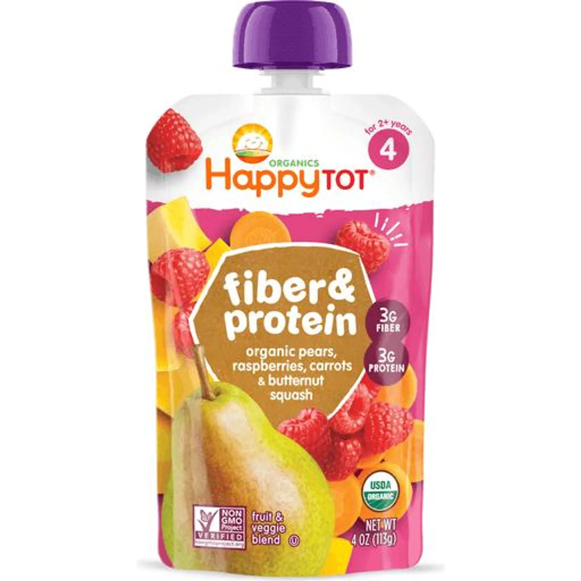 Happy Tot Organics Non-GMO Pears Raspberries Carrots &amp; Butternut Squash Stage 4 Baby Food 4 oz bag