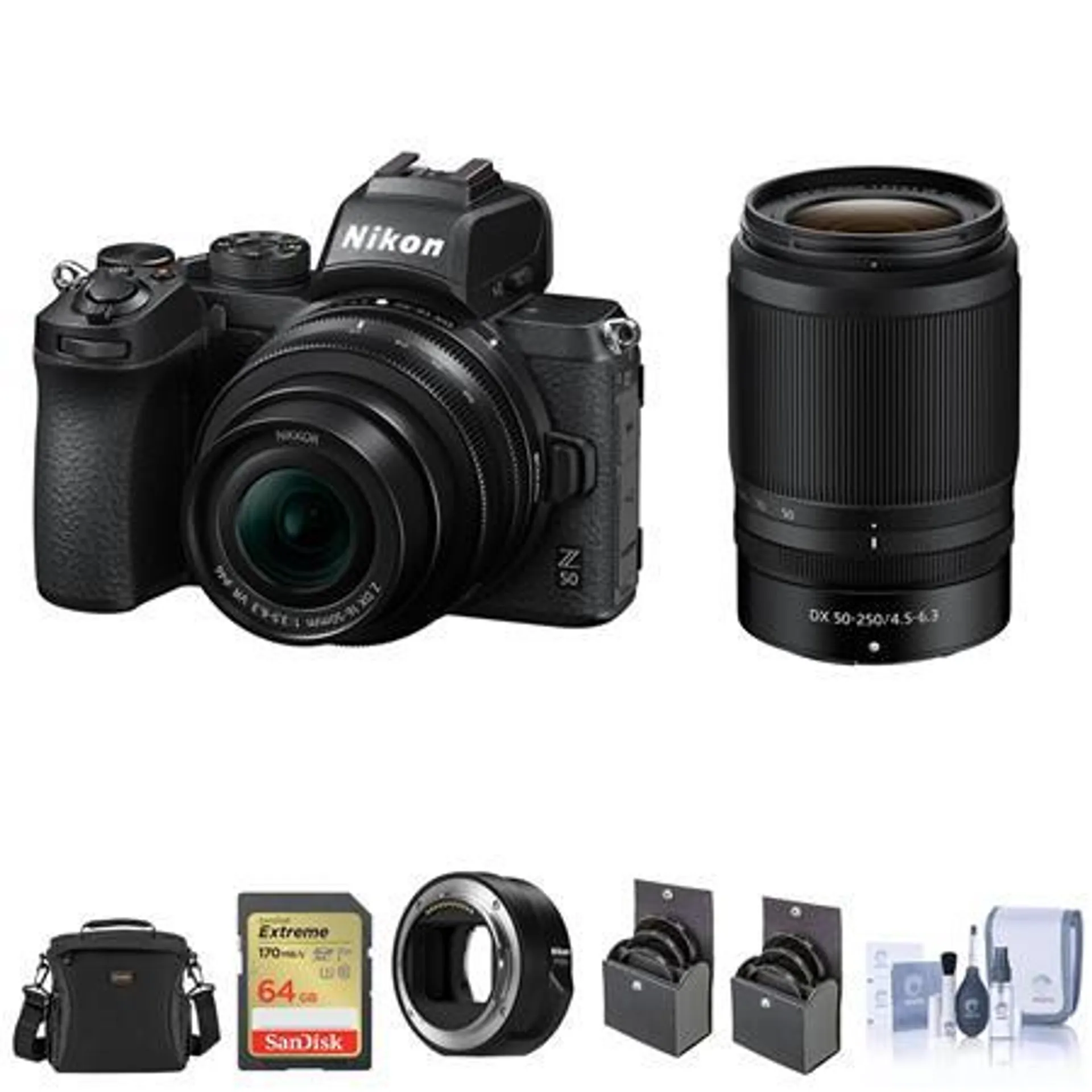 Nikon Z50 DX-Format Camera w/16-50mm & 50-250mm Lens, FTZ Adapter, Wrist Strap