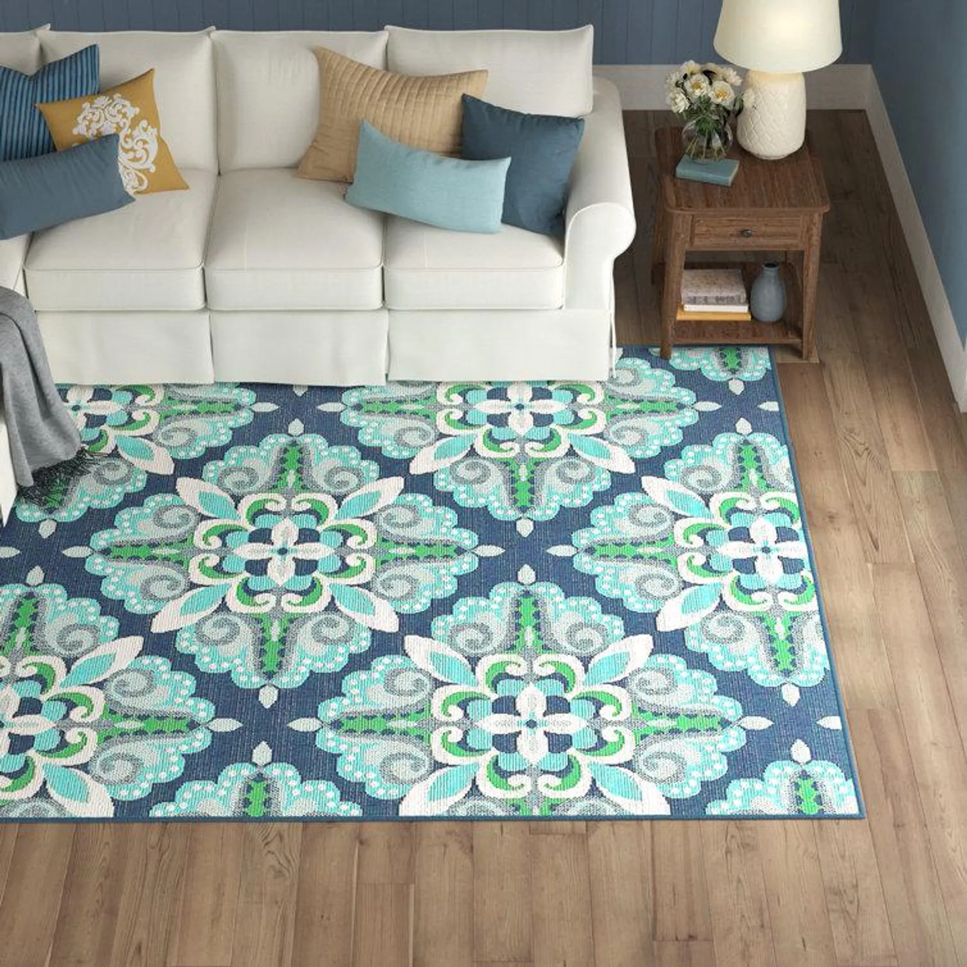 Deltana Floral Blue/Turquoise/Green/White Indoor / Outdoor Area Rug