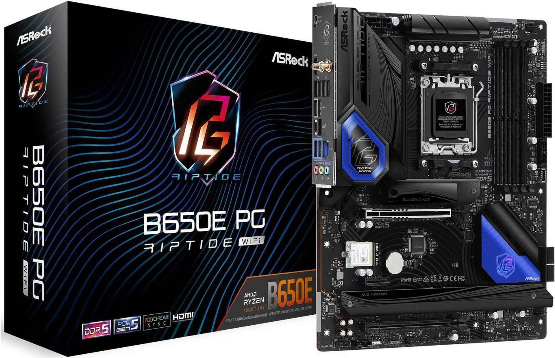 ASRock B650E PG RIPTIDE WIFI AM5 ATX Motherboard, 4 slots DDR5, PCIe 5.0 x16 Slot, 3 M.2 slots, 2.5Gb Lan, WI-FI 6E, 7.1 Nahimic Audio , Front USB3.2 Gen2X2 Type_C , 14+2+1 Power Phase