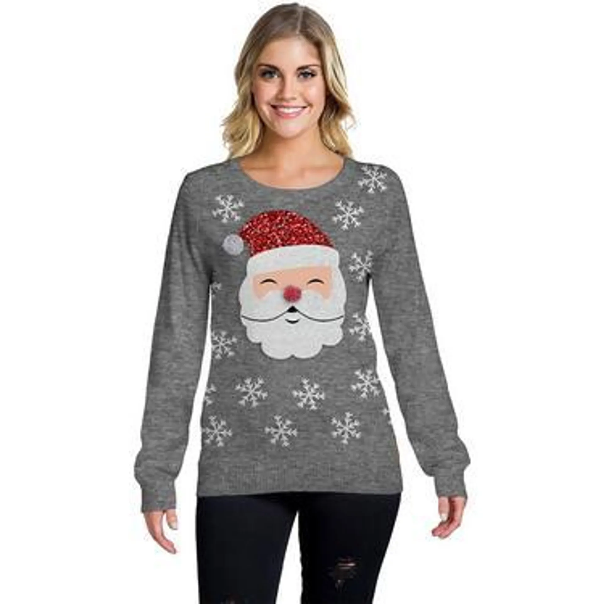 Women’s Gray Smiling Santa Claus Face Ugly Sweater