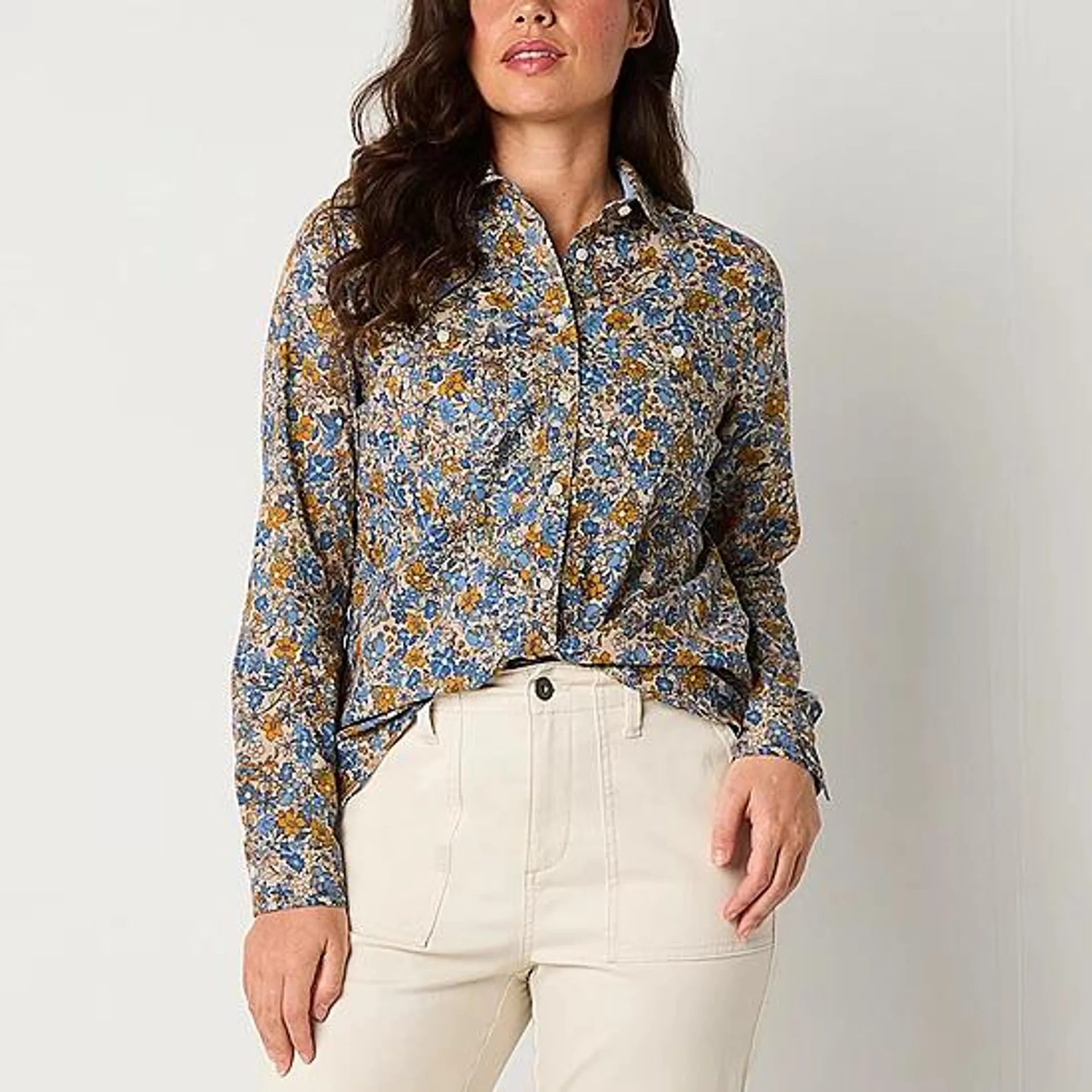 St. John's Bay Womens Long Sleeve Regular Fit Button-Down Shirt