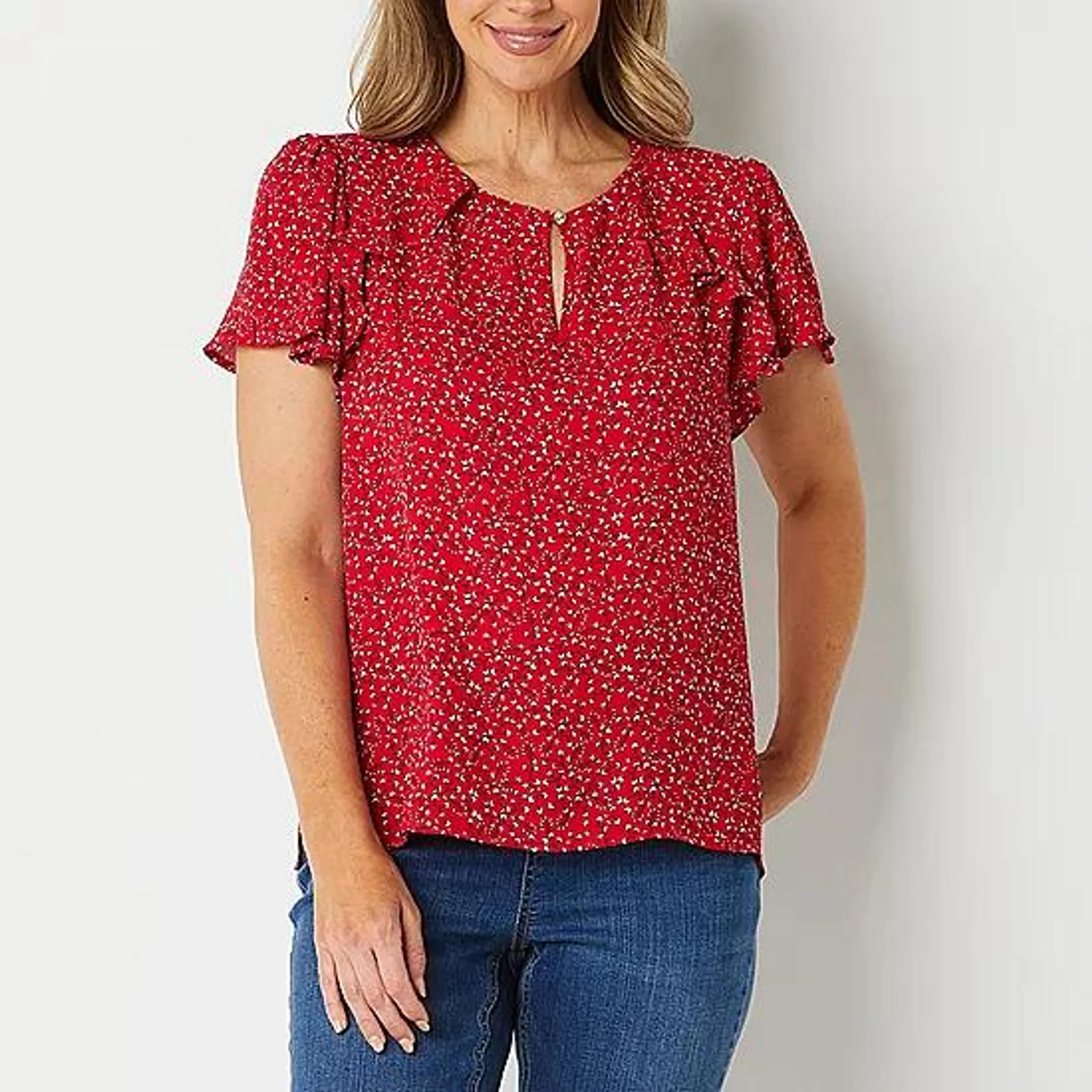 Liz Claiborne Womens Keyhole Neck Short Sleeve Blouse