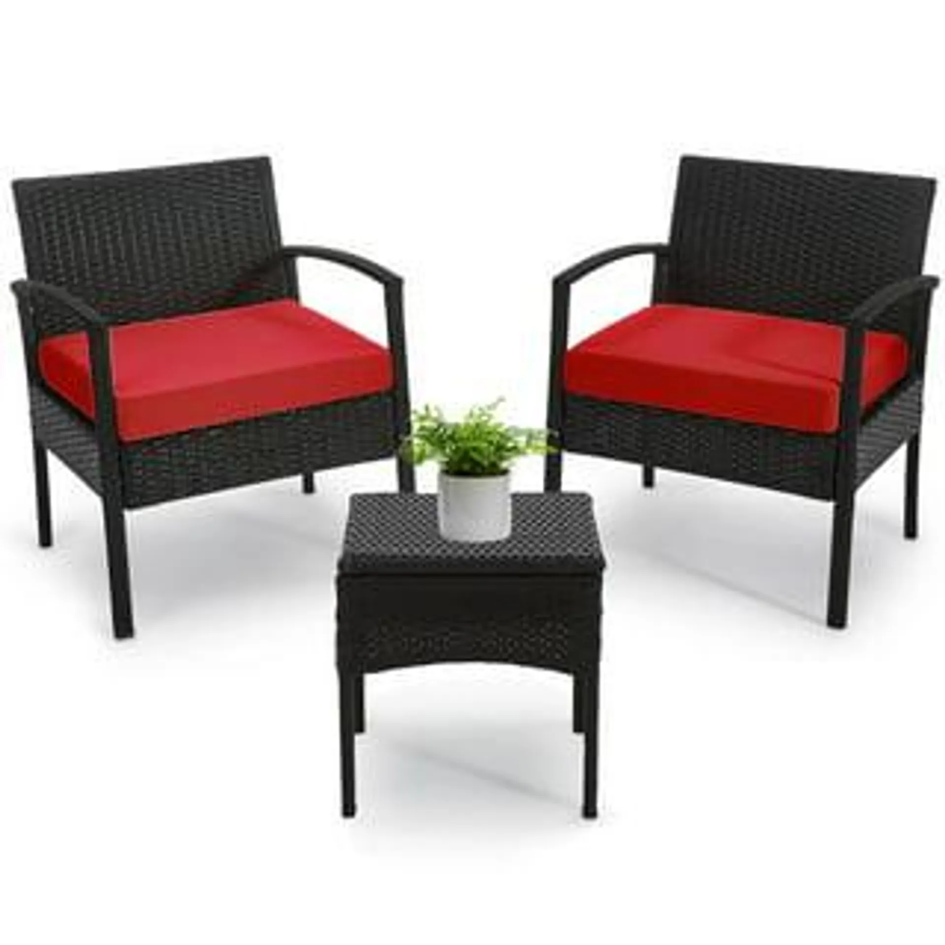 Tappio Outdoor Furniture 3 Piece Patio Bistro Furniture Set, Rattan Conversation Chairs Set with Side Table and Cushions, Patio Furniture Sets for Balcony Garden Porch, Red