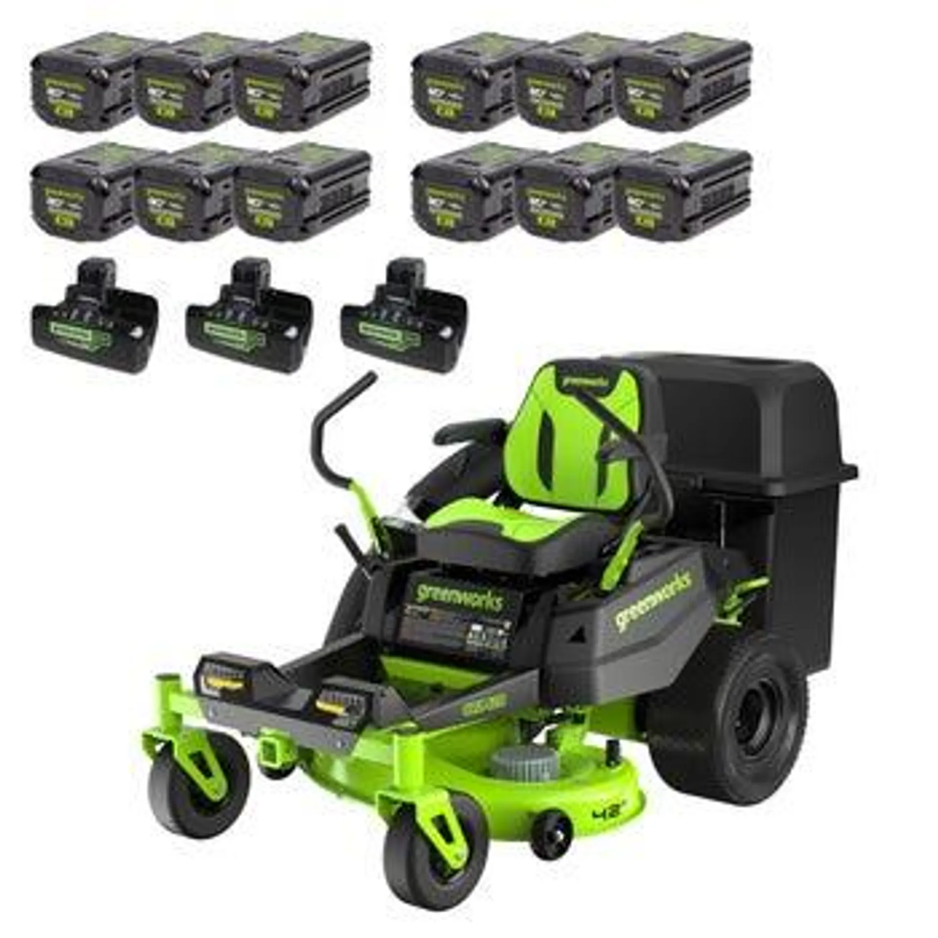 Greenworks 80V 42" Crossover Zero Turn with Bagger, 12 4AH Batteries and 3 Dual Port Rapid Chargers