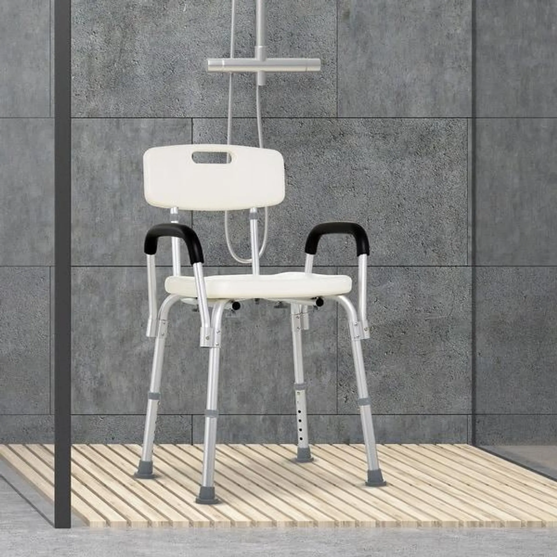 HomCom Adjustable Medical Shower Chair w/ Arms and Backrest - 21" L x 16 - 17.5" W x 28.5" - 33" H