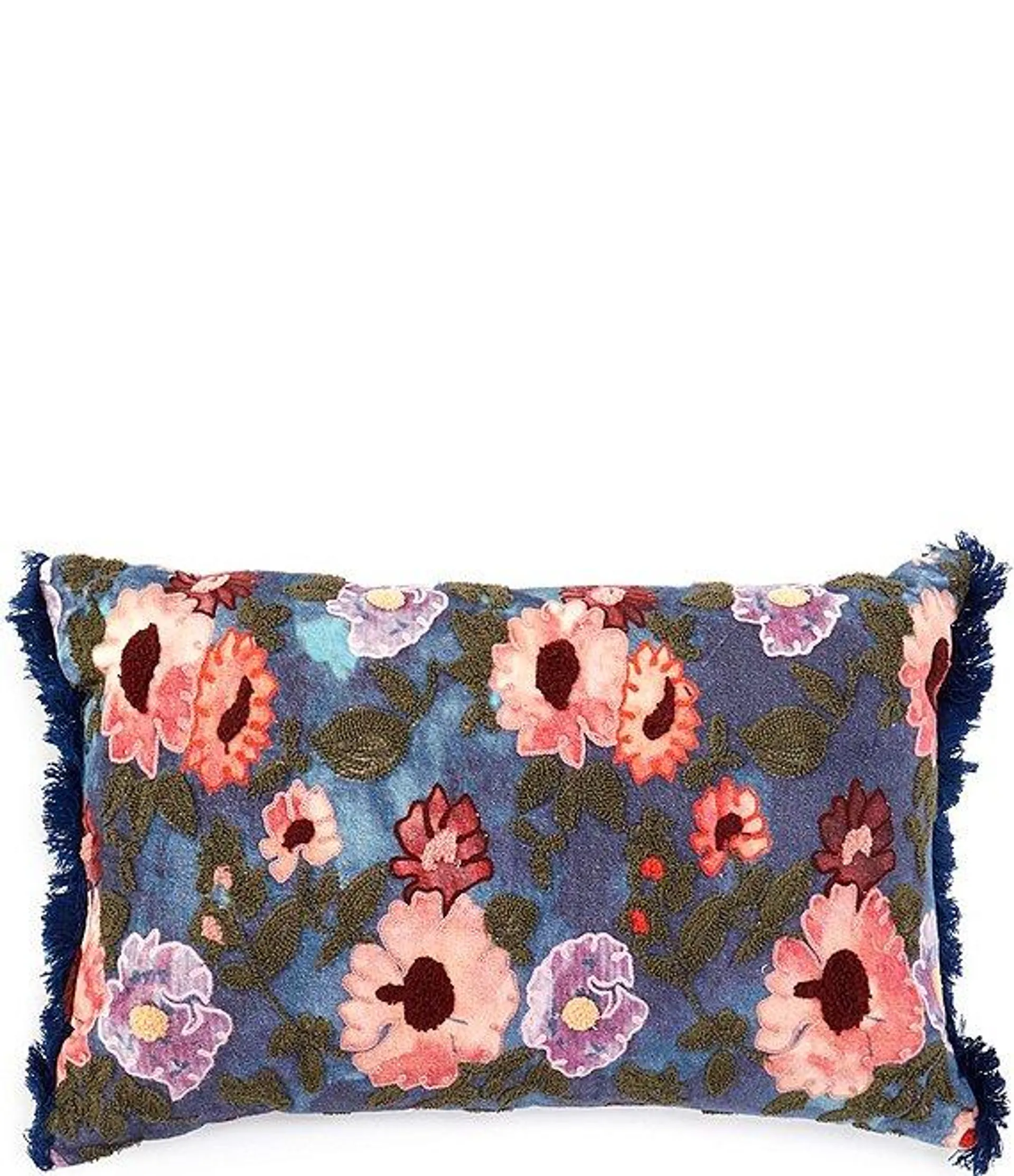 Embroidered Floral and Fringe Lumbar Pillow