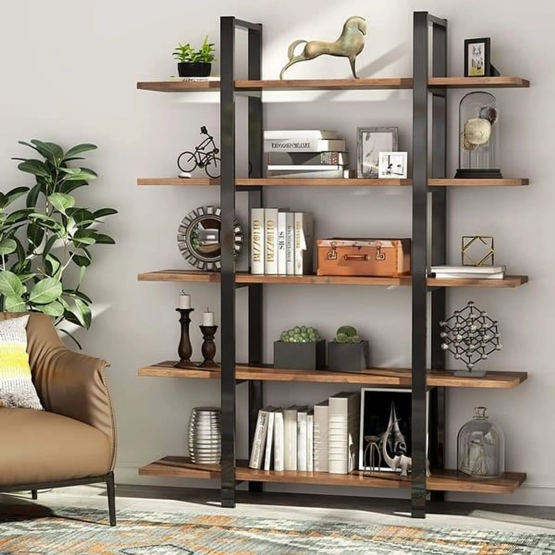 5-Tier Bookshelf, Vintage Industrial Style Bookcase